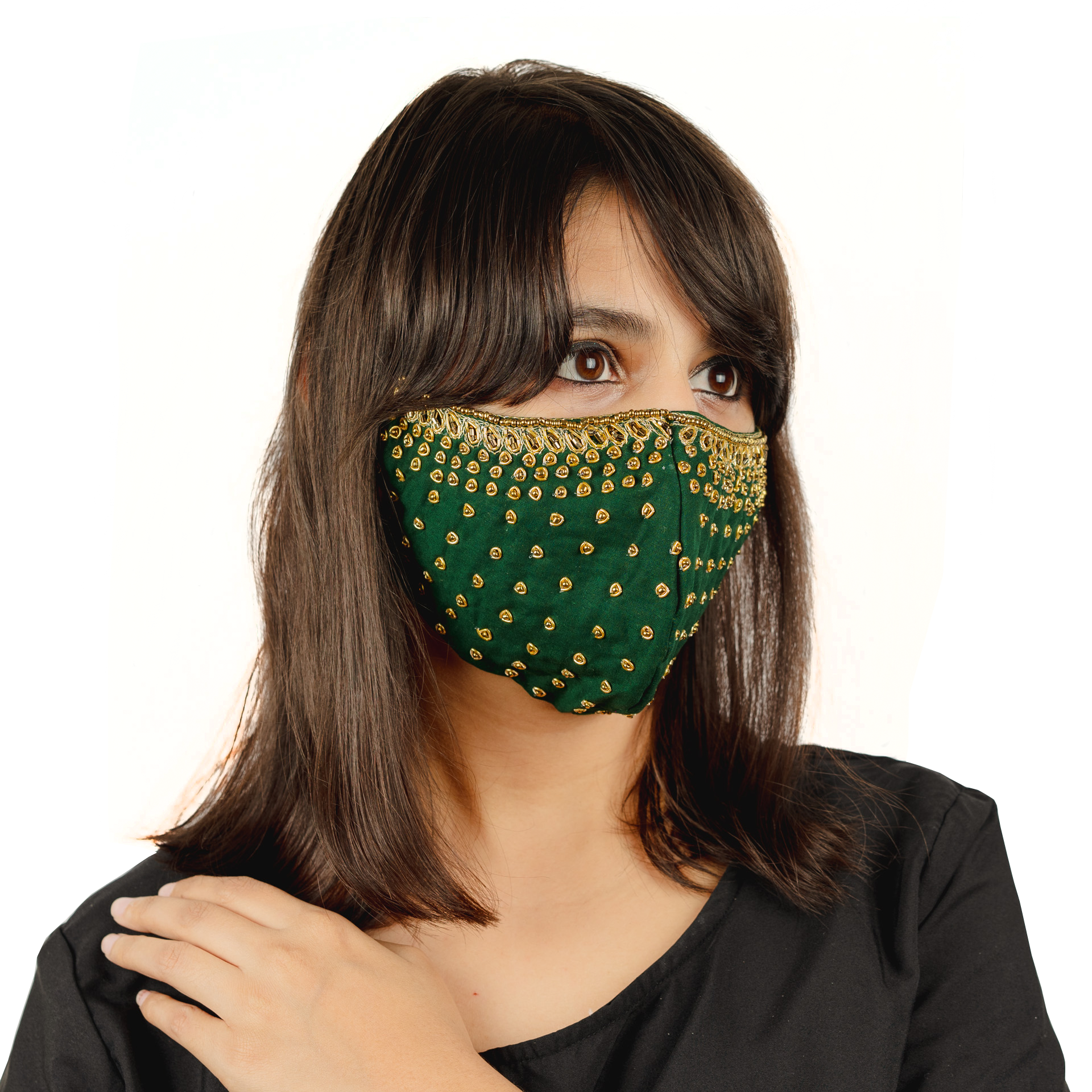 Bottle Green Polka Dot Embroidered Cotton Face Mask - Reusable & Breathable for Daily Wear, Travel & Outdoor Activities