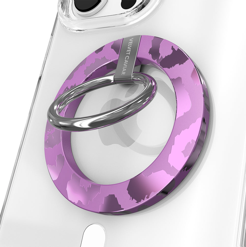 Amethyst Leopard Print MagSafe Phone Grip Ring - Secure & Stylish Phone Holder for iPhone 12/13/14/15 Pro Max, Perfect for Gym, Driving & Everyday Use