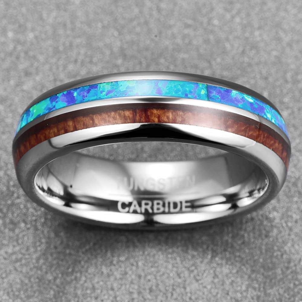6MM Silver Tungsten Rings for Men & Women - Hawaiian Koa Wood & Blue Opal Inlay Wedding Bands, Comfort Fit Size 6-12 - Perfect for Anniversaries, Engagements & Unique Gift Giving