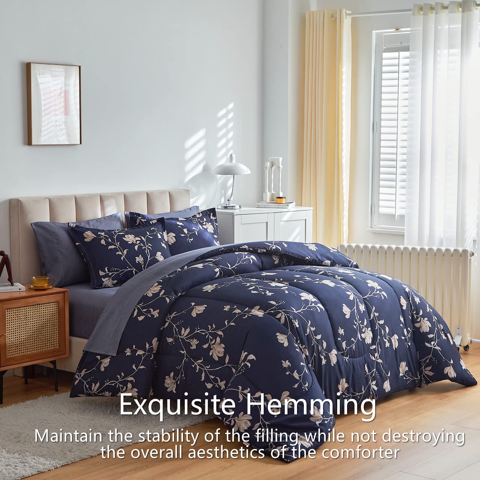 AIKASY 7-Piece Queen Floral Comforter Set - Navy Blue Bed in a Bag (Includes Comforter, 2 Pillow Shams, Sheets & Pillowcases) | Soft Luxury Bedding for Master Bedroom, Guest Room & Dorm Decor