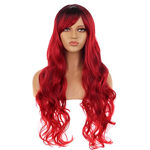 BERON 32 Inch Ombre Red Wavy Wig with Dark Roots - Natural Looking Burgundy Wine Colored Long Wig with Bangs for Women | Perfect for Daily Wear, Parties & Cosplay Costumes
