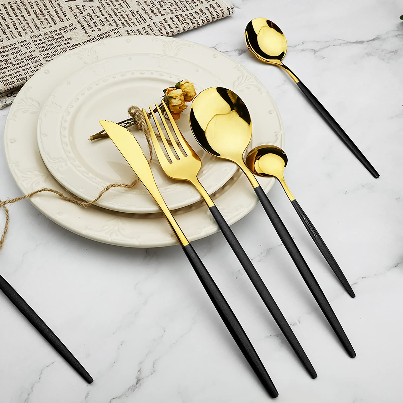 24-Piece Gold Mirror Silverware Flatware Set with Black Handle - 18/0 Stainless Steel Cutlery (Knife, Fork, Spoon, Teaspoon) - Service for 4 - Elegant Dinnerware for Formal Dining, Wedding Gifts & Home Entertaining