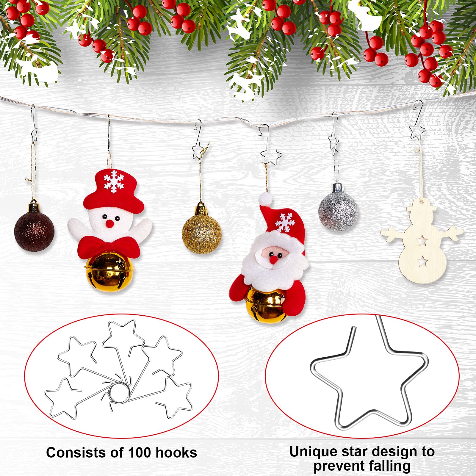 100-Piece Stainless Steel Star-Shaped Christmas Ornament Hooks - Silver Xmas Tree Hangers for Holiday Decorations, Party Supplies & Festive Home Decor