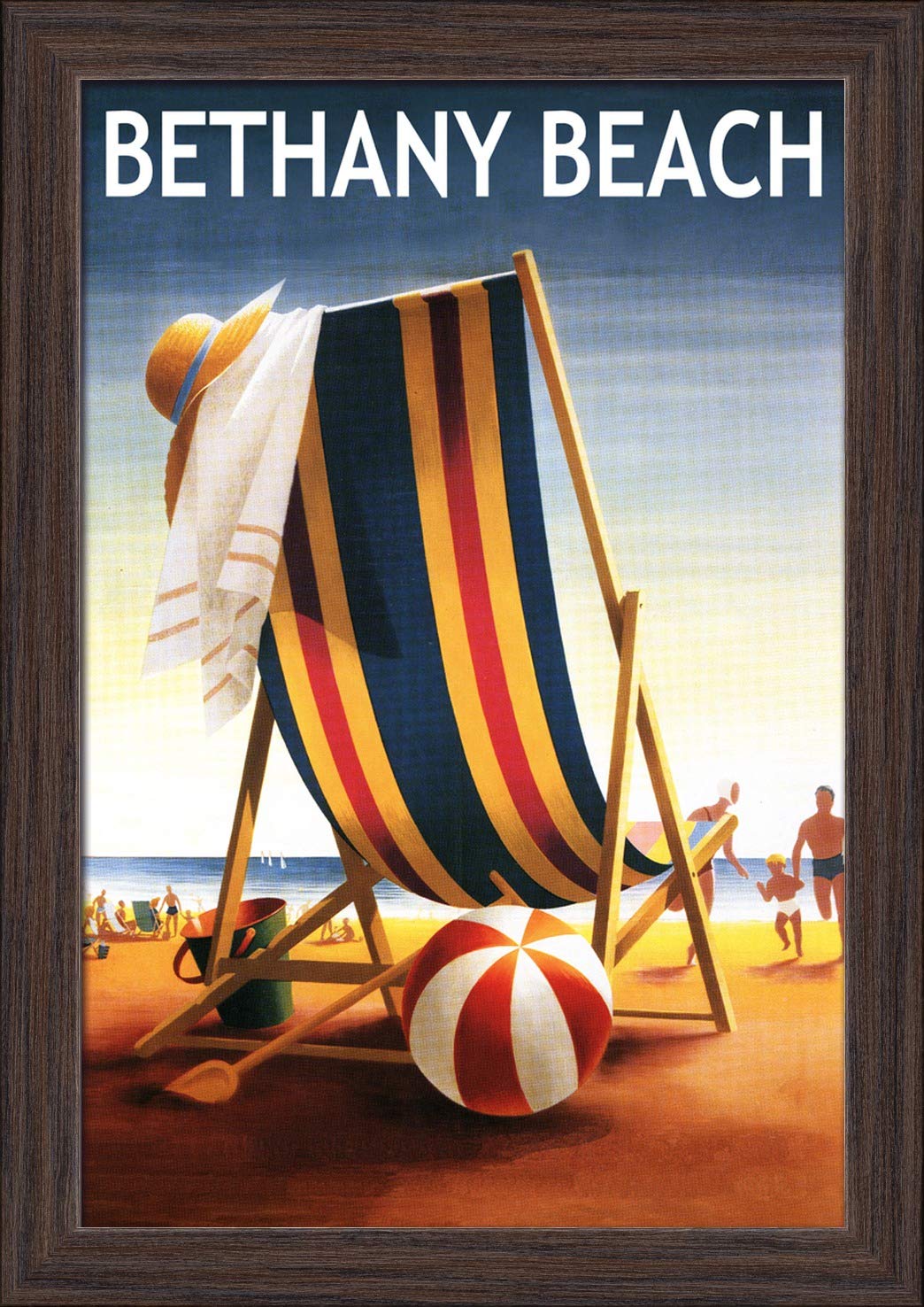 Bethany Beach Delaware Beach Chair & Ball - 12x18 Giclee Fine Art Print in Recycled Wood Frame (Espresso Brown) - Perfect for Coastal Home Decor & Beach House Wall Art