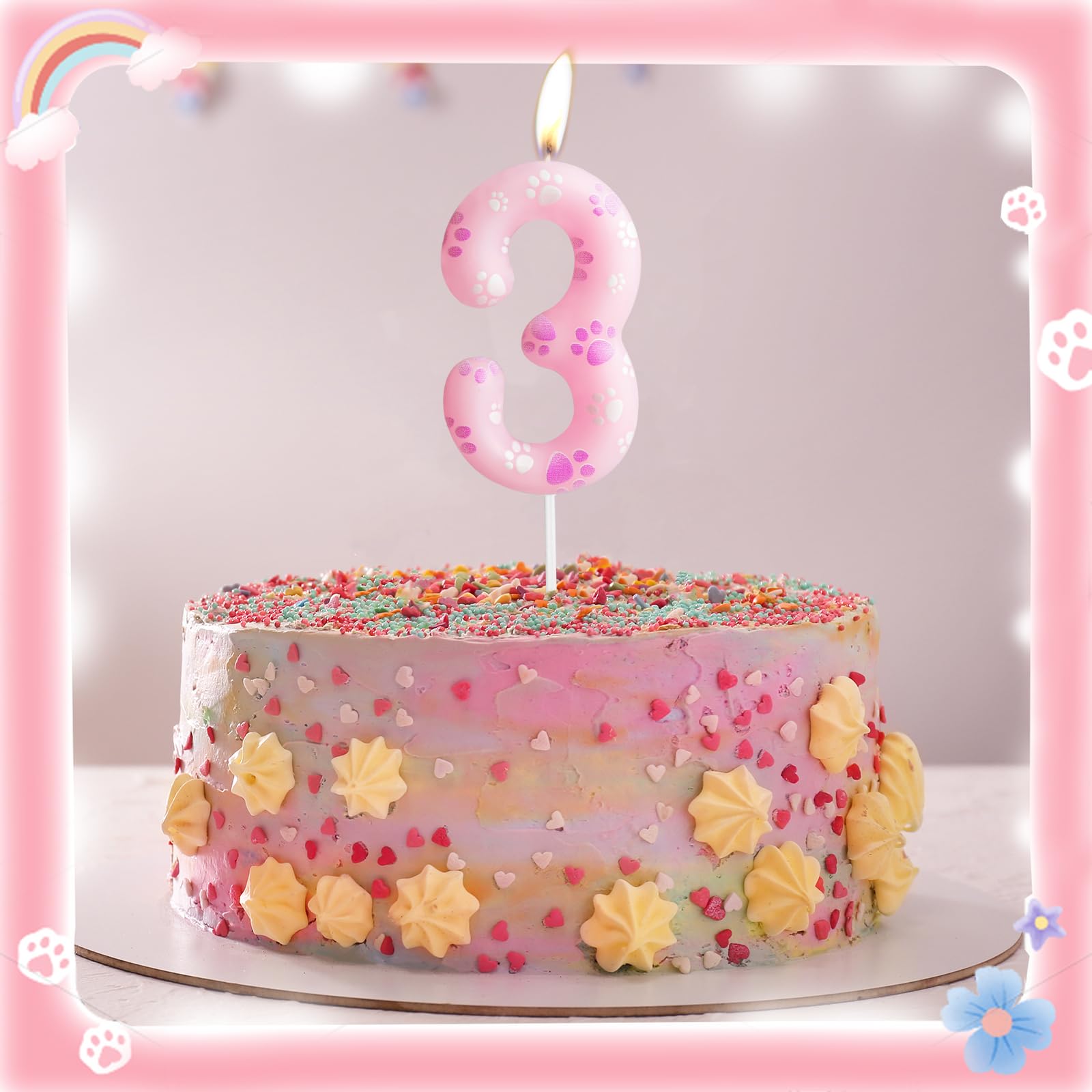 Pink Dog Paw Print 3rd Birthday Candles - Happy Birthday Cake Topper with Numerals for Boys & Girls - Dog Themed Party Decorations for Birthday Celebrations & Pet Lover Events