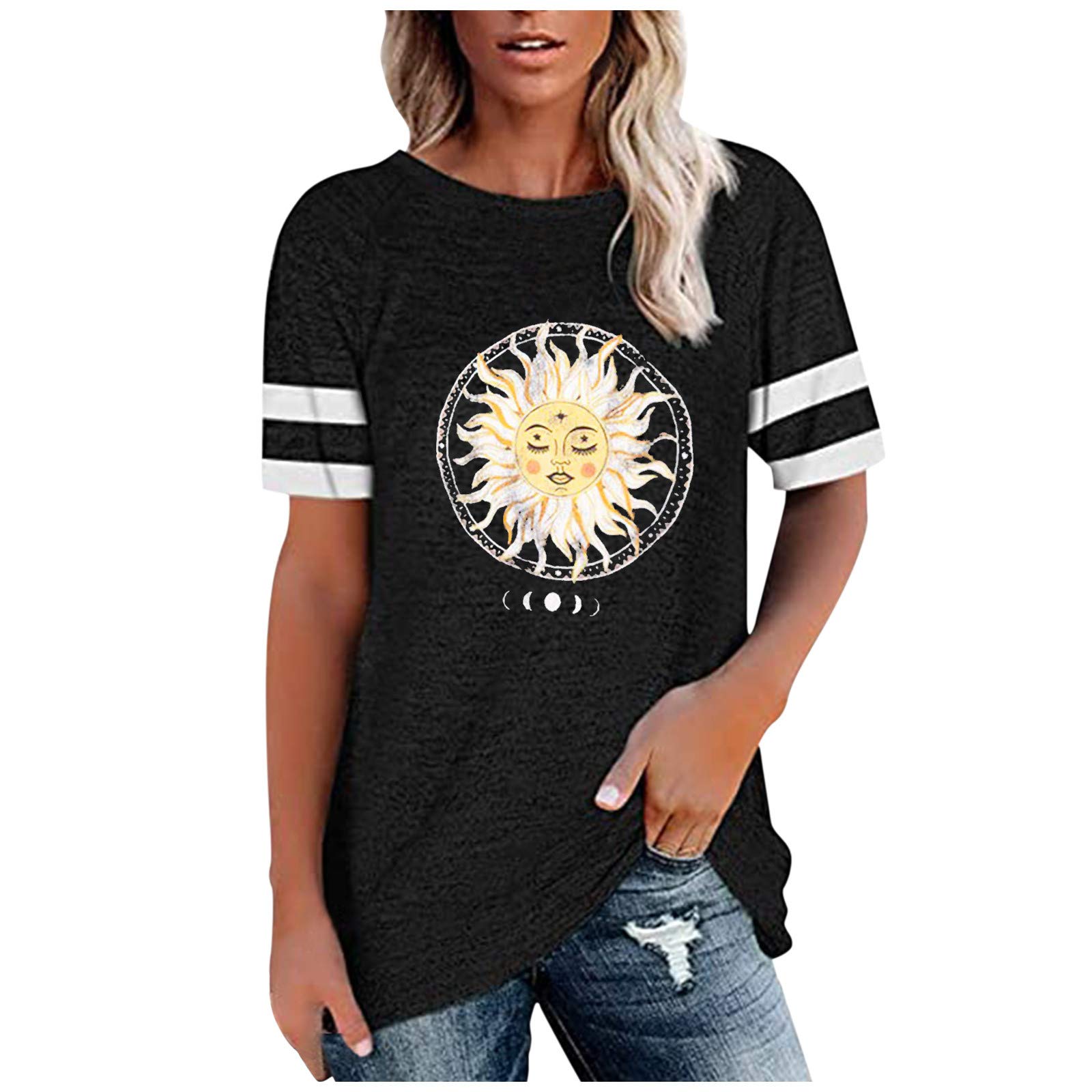 Women's Sunflower Print Crewneck T-Shirt - Plus Size Summer & Workout Top - Casual Wear, Gym, Outdoor Activities