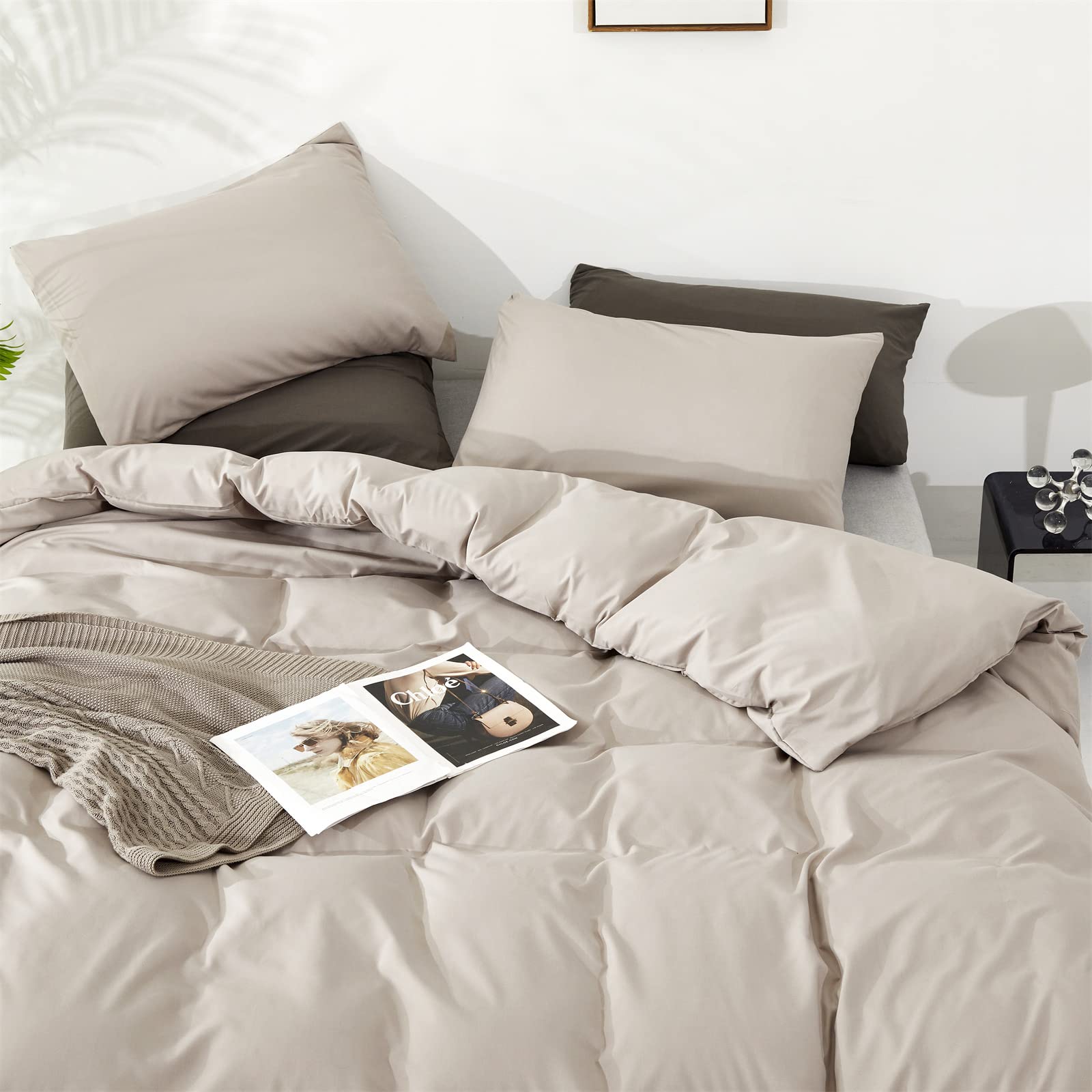 Luxlovery Beige Khaki Comforter Set Queen - 3PCS Solid Cream Oatmeal Blanket Quilt for Bedroom - Soft Taupe Bedding Set for Women & Men - Perfect for Cozy Nights & Guest Room Decor