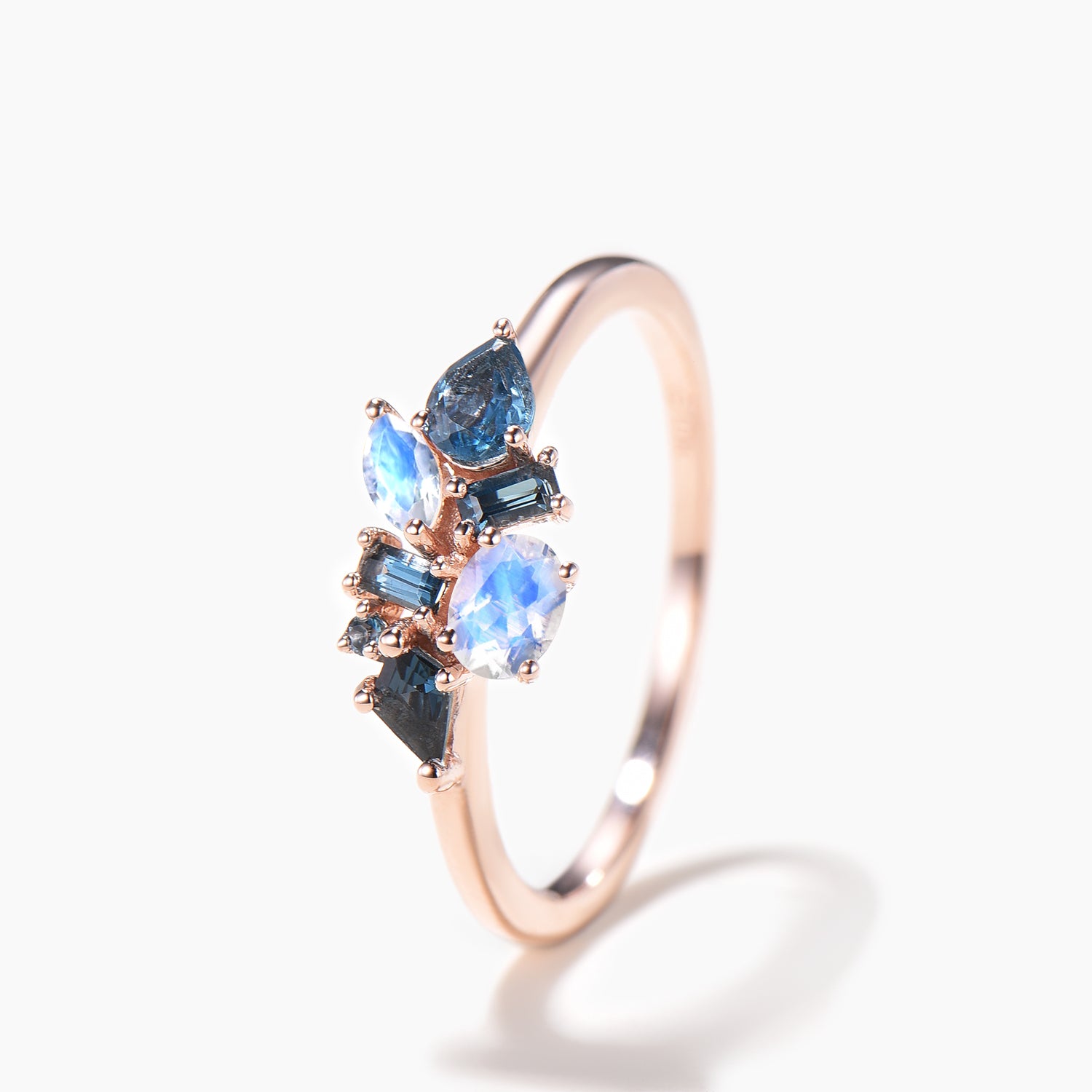 Natural London Blue Topaz and Moonstone Mixed Cut Dainty Band Ring - Elegant Stackable Jewelry for Everyday Wear & Special Occasions
