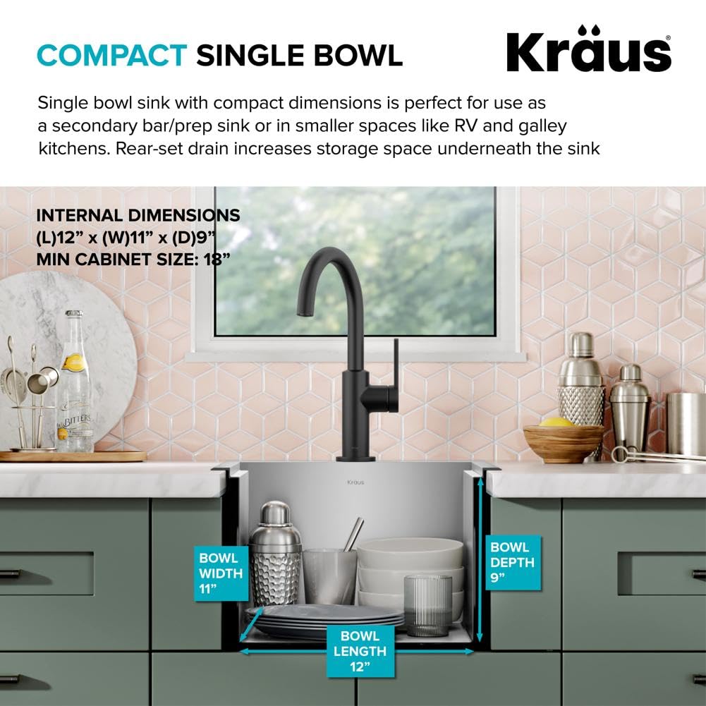 KRAUS Kore 15-Inch Drop-In/Top Mount Stainless Steel Kitchen Sink - 16 Gauge Single Bowl Bar Prep Sink with Accessories (Model KWT321-15) - Perfect for Small Kitchens, Bars, and Food Prep Stations