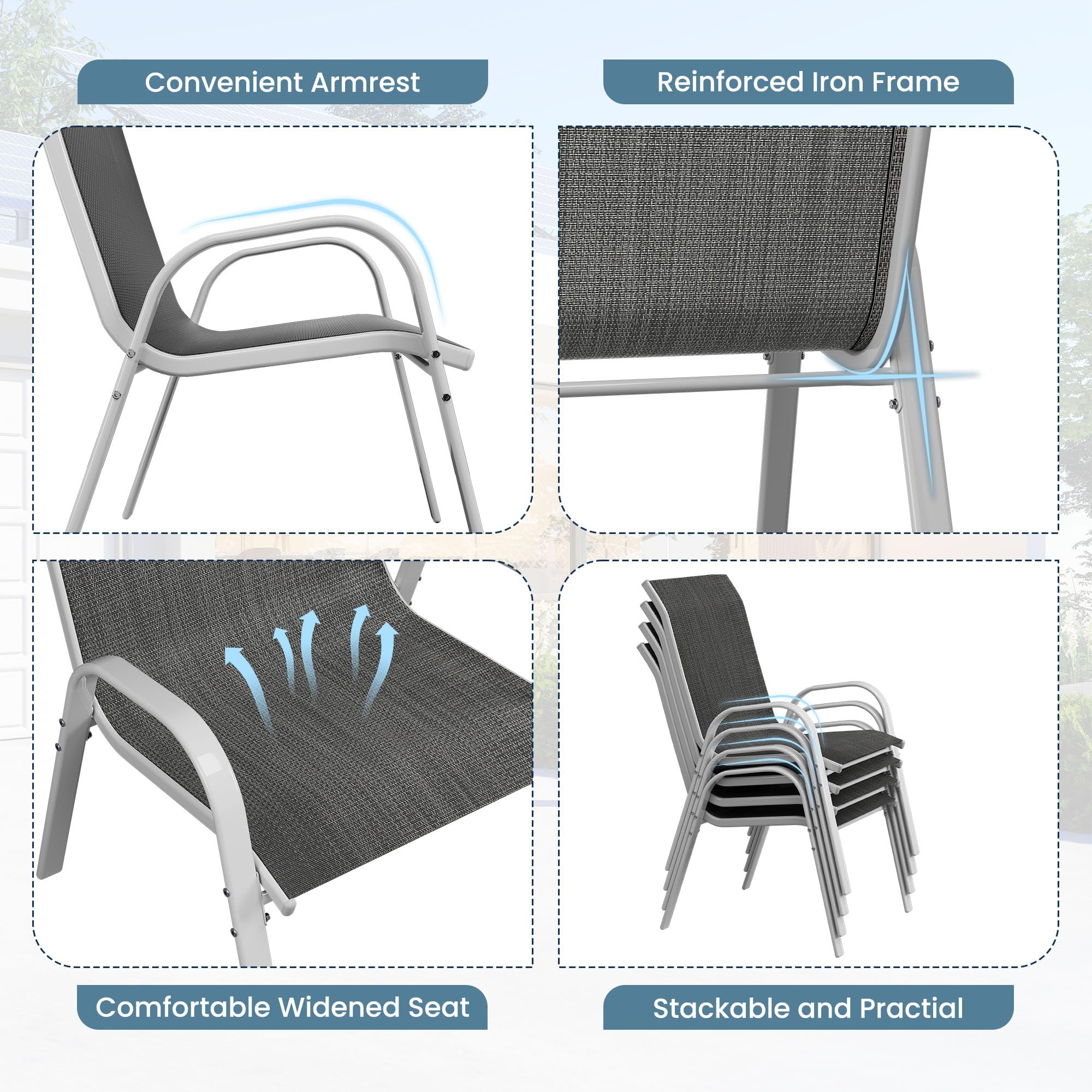 **Amopatio 4-Piece Stackable Patio Chairs Set – All-Weather Outdoor Dining Chairs, Breathable & Comfortable Silver Garden Furniture for Backyard, Deck, Poolside – Dark Grey**    *(Perfect for outdoor dining, BBQs, poolside relaxation, and garden gatherings)*