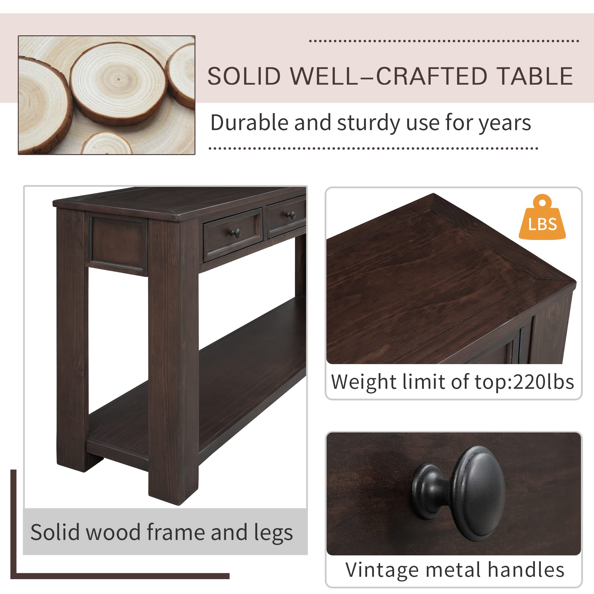 Rustic Solid Wood Console Table with 4 Storage Drawers - 63 Inch Entryway Sofa Table for Living Room, Hallway & Foyer - Classic Espresso Accent Table for Home Decor & Organization