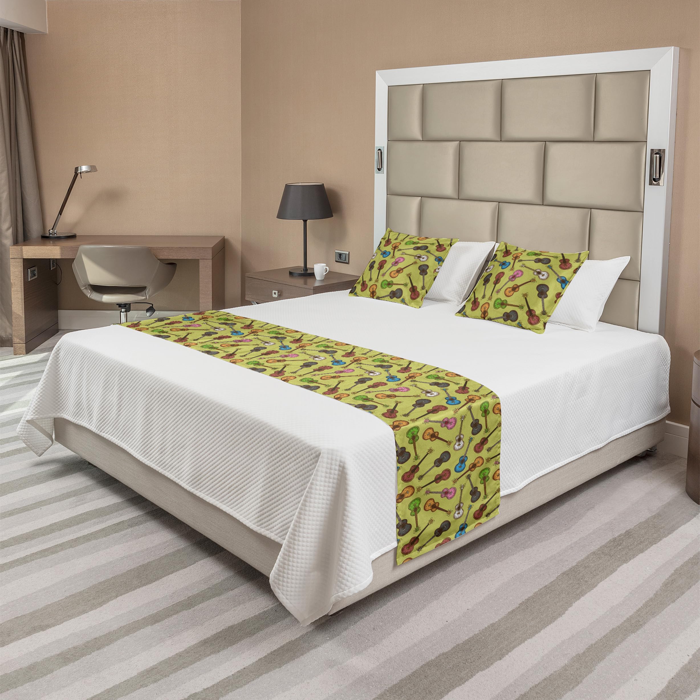 Ambesonne Guitar Bed Runner Set - Colorful Wooden Acoustic Guitar Design with Sketch Art Style & Swirled Strings - Decorative Bed Scarf & Pillow Sham for Queen Size Beds - Perfect for Home Decor, Hotels, and Music Lover's Bedroom