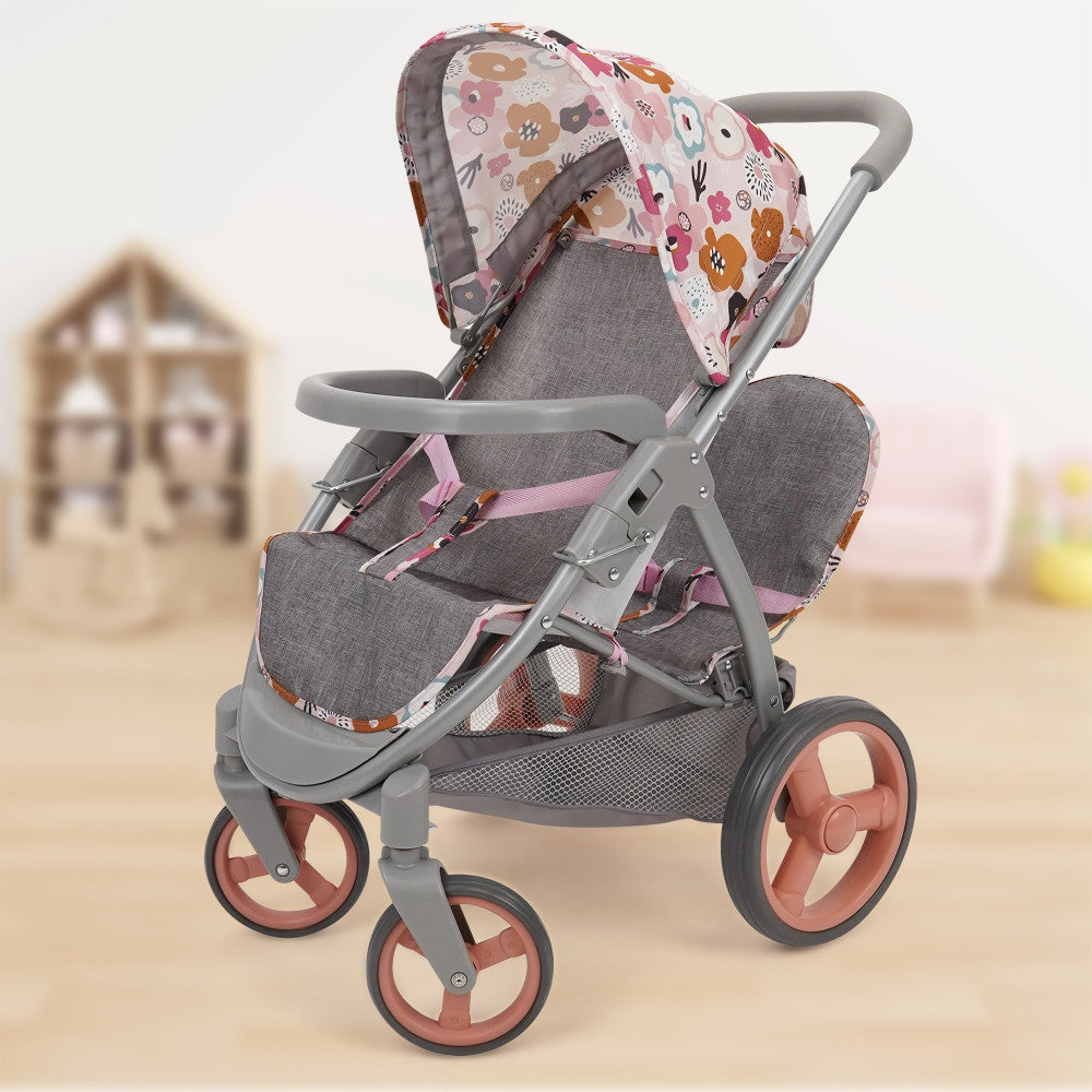 509 Crew Mabelle Duo Twin Doll Stroller - Melange Flora Print, Double Baby Doll Stroller for Ages 3+ | Perfect for Pretend Play, Outdoor Walks & Sibling Bonding