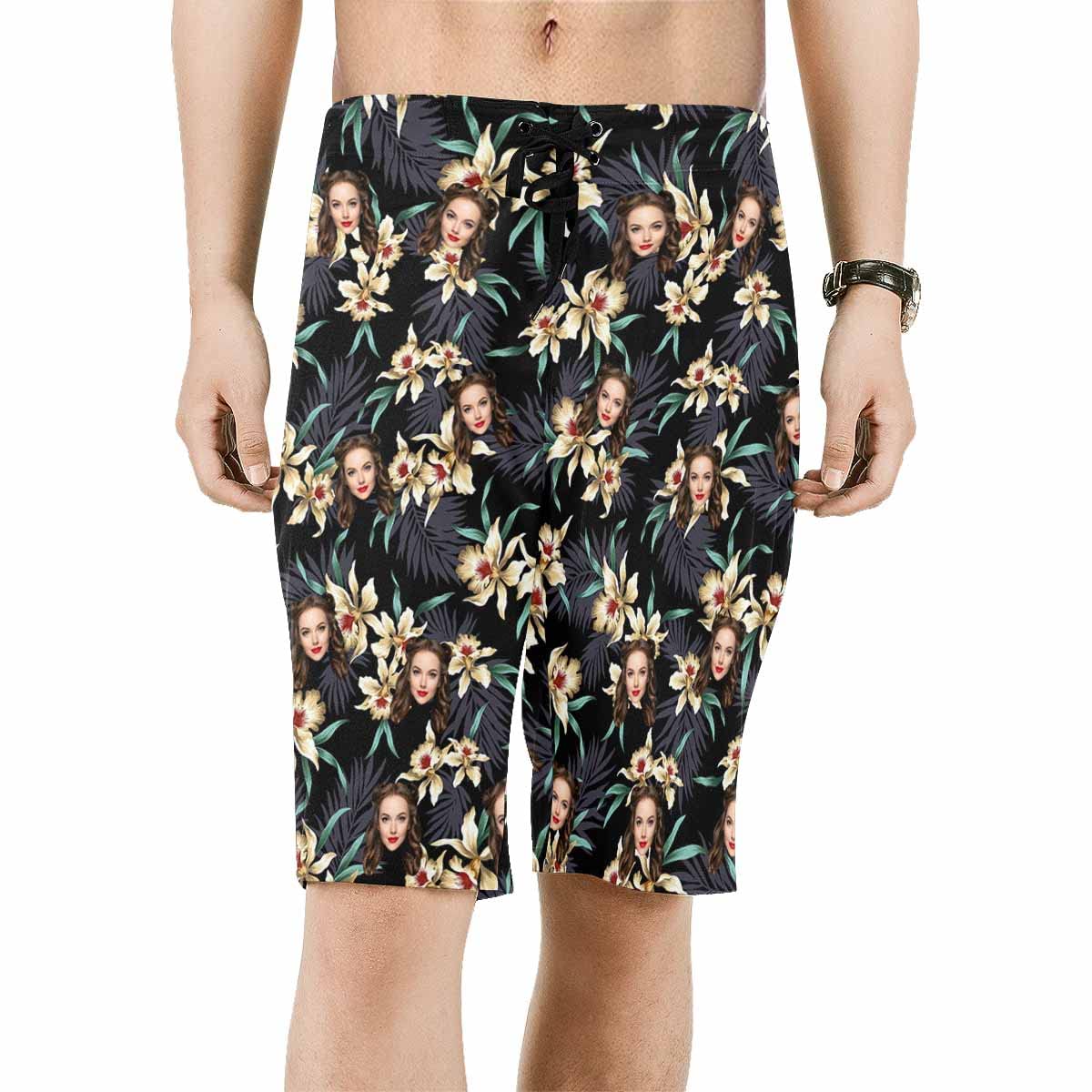 Custom Printed Face Flag Men's Quick Dry Swim Trunks - Personalized Beach Board Shorts with Wife's Photo - Perfect for Swimming, Vacation & Summer Outdoor Activities