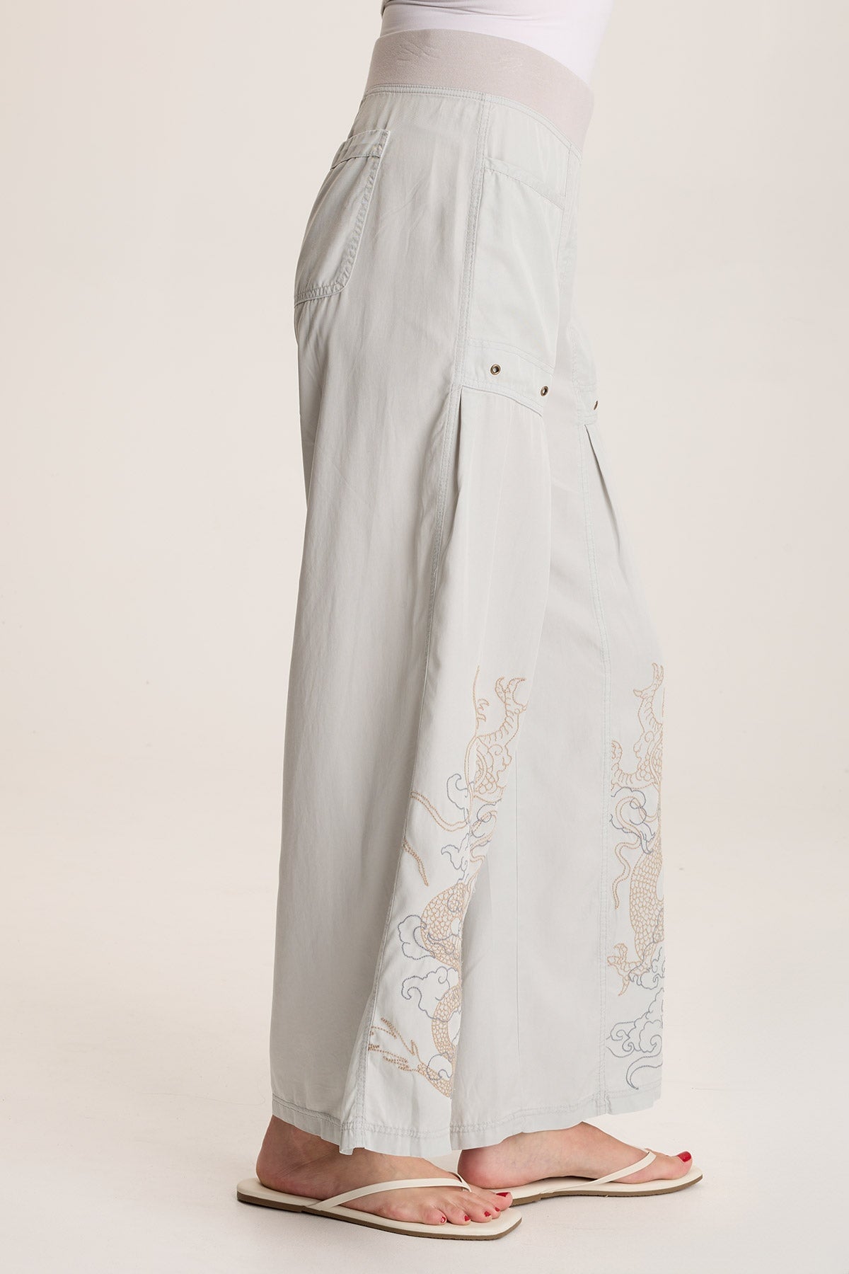 Phedora Women's Twill Embroidered Wide Leg Pants - Comfortable High Waist Loose Fit Casual Trousers for Work, Travel & Everyday Wear
