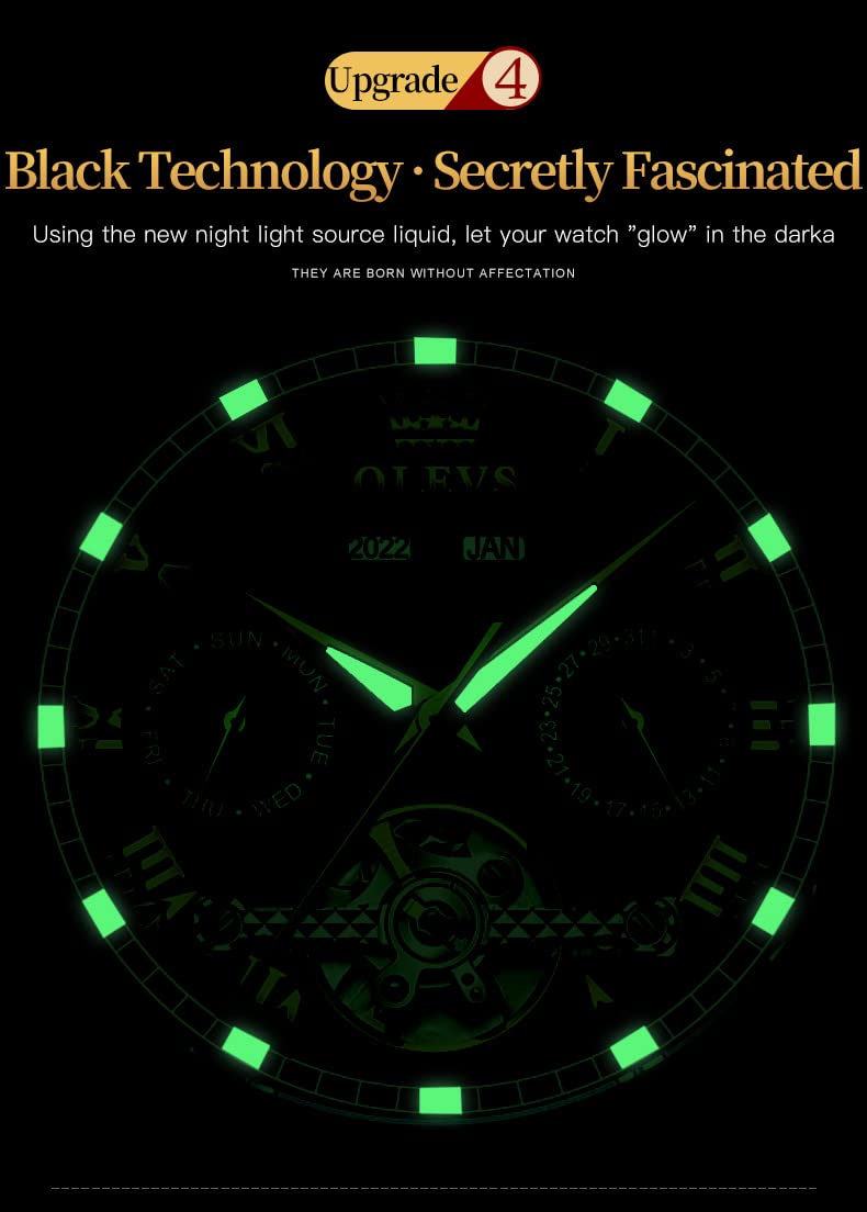 OLEVS Automatic Skeleton Watches for Men - Self Winding Mechanical Watch with Tourbillon, Date Display & Waterproof Stainless Steel Case | Luxury Dress Watch for Business, Formal Occasions & Everyday Wear