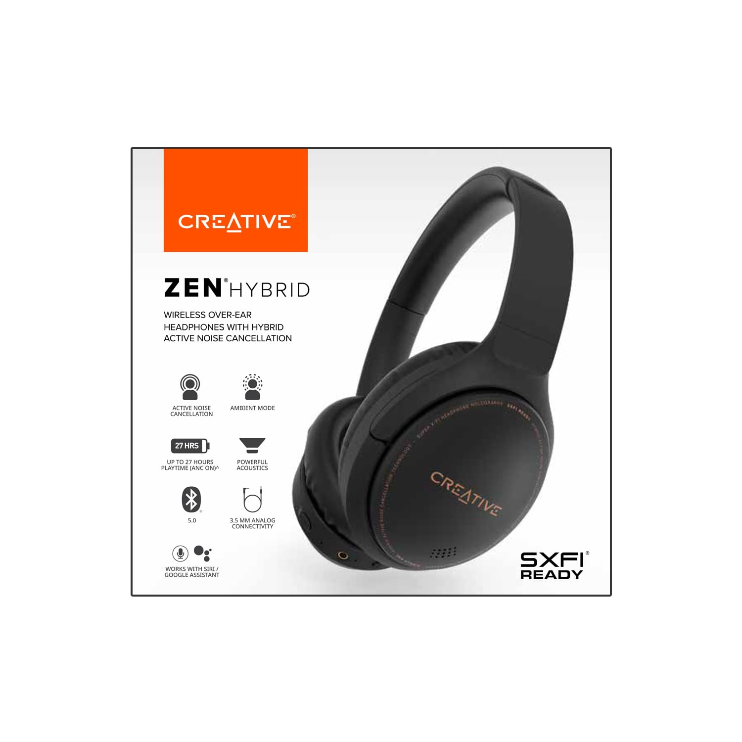 Creative Zen Hybrid Wireless Over-Ear Headphones with Hybrid Active Noise Cancellation & Ambient Mode - 27H Playtime (ANC On), Bluetooth 5.0, AAC, Built-in Mic - Perfect for Travel, Work & Music Lovers (Black)