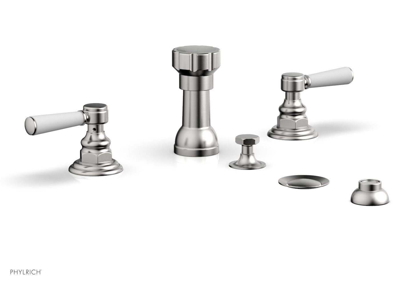 HEX TRADITIONAL Four Hole Bidet Faucet Set with Satin White Lever Handles - Model 500 61 - Perfect for Bathroom Renovation and Modern Toilet Upgrades