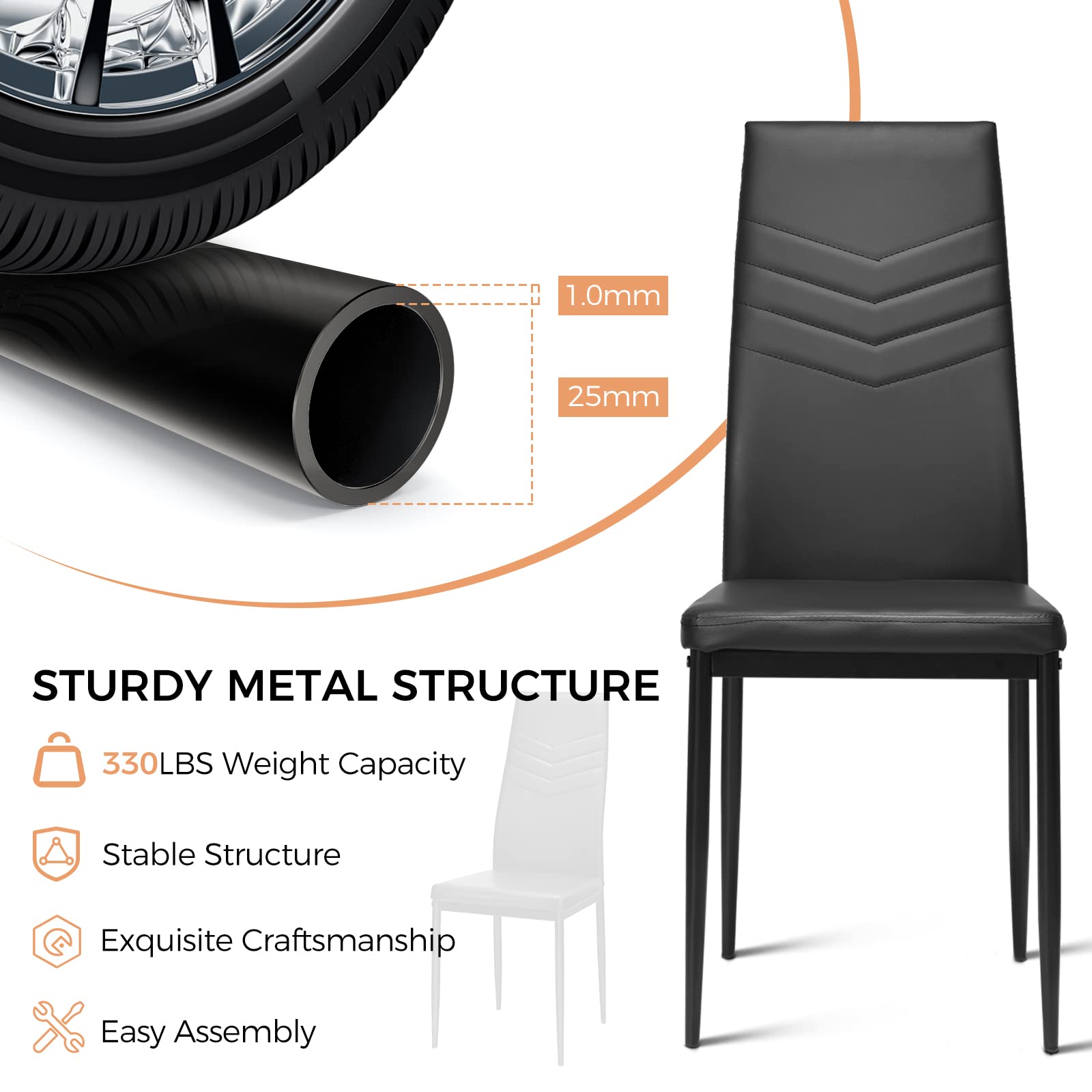 ERGOMASTER Modern Dining Chairs Set of 4 - Black PVC Upholstered Leather Padded Side Chairs with Sturdy Metal Legs & Non-Slip Feet for Dining Room, Kitchen, Living Room & Office