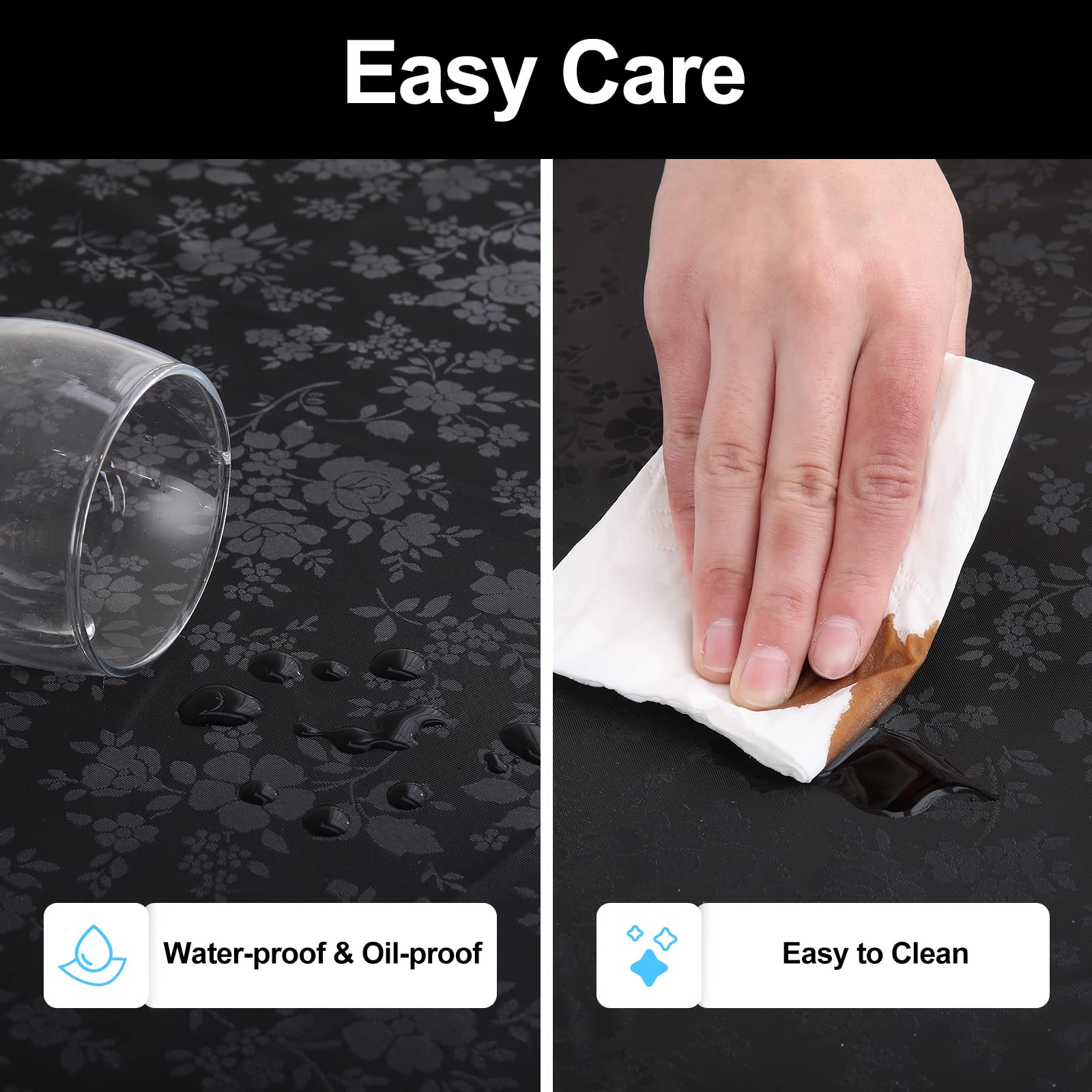 Waterproof Heavy Duty Vinyl Wipeable Washable 60 x 60 Inch Black Tablecloth for Kitchen and Dining Room