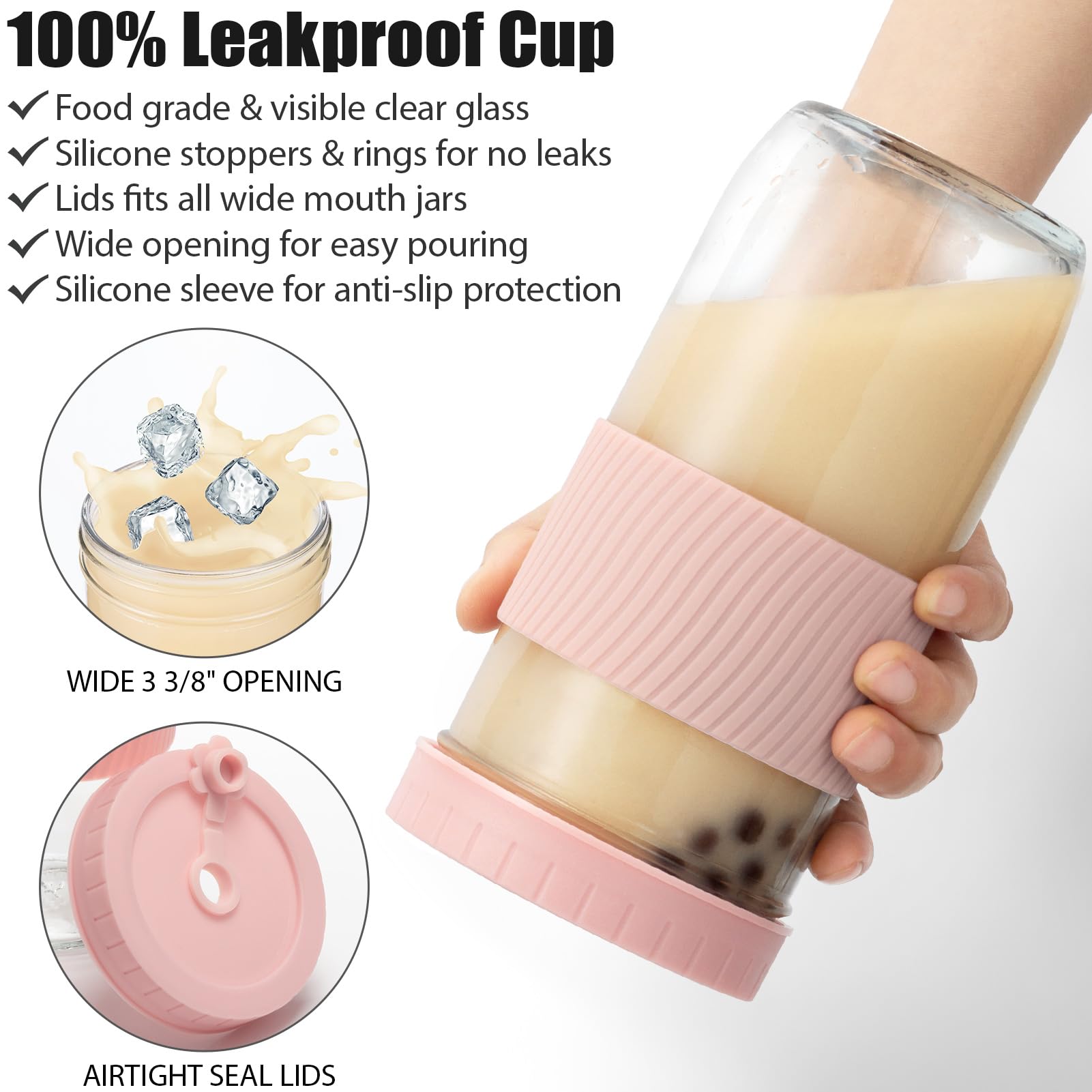 Reusable 24oz Glass Mason Jars with Lids & Straws - 2 Pack Wide Mouth Smoothie Cups, Bubble Tea Tumblers with Silicone Sleeves - Leakproof Drinking Glasses for Travel, Large Pearl Boba, Birthday Gifts - Perfect for Iced Coffee, Juice, Smoothies & On-the-Go Hydration