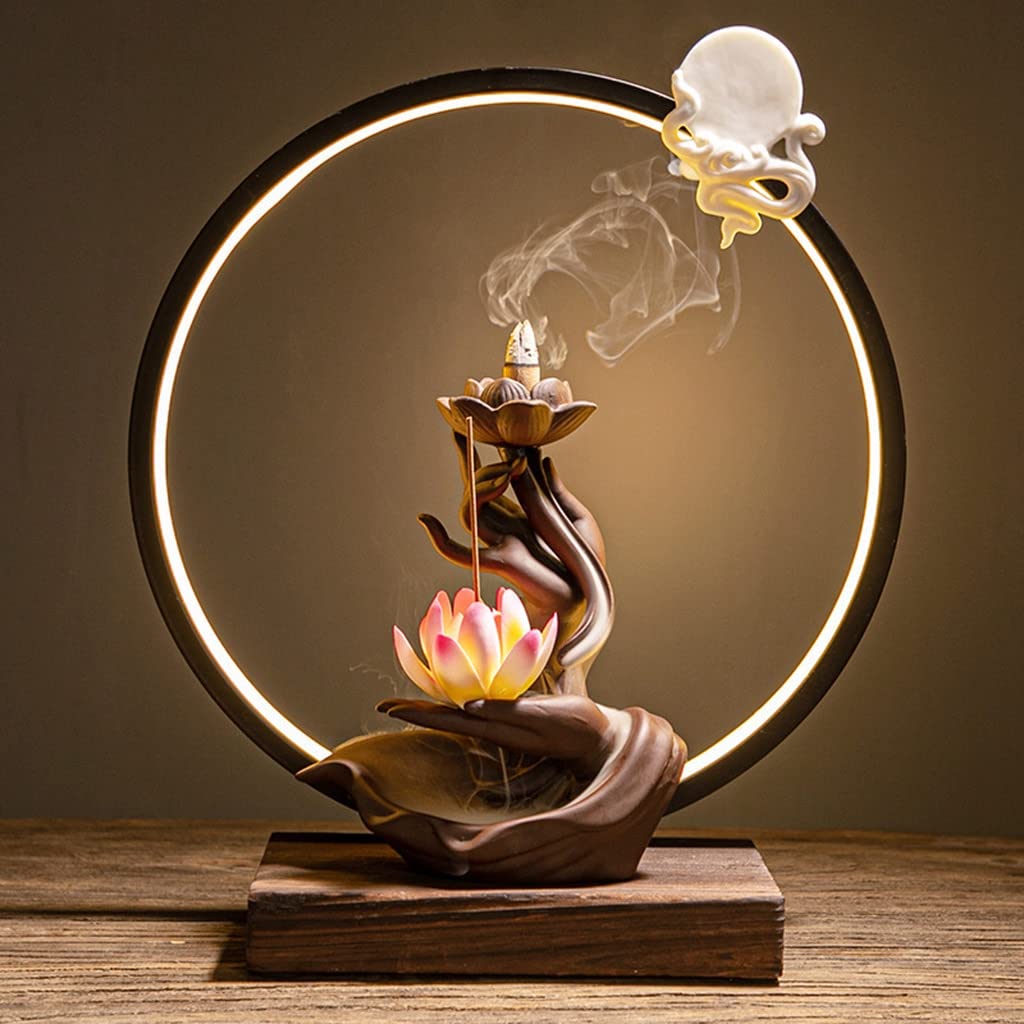GGHHJ Ceramic Backflow Incense Burner with LED Light - White Lotus Waterfall Design for Aromatherapy, Meditation & Home Decor (Multicolor Lotus)