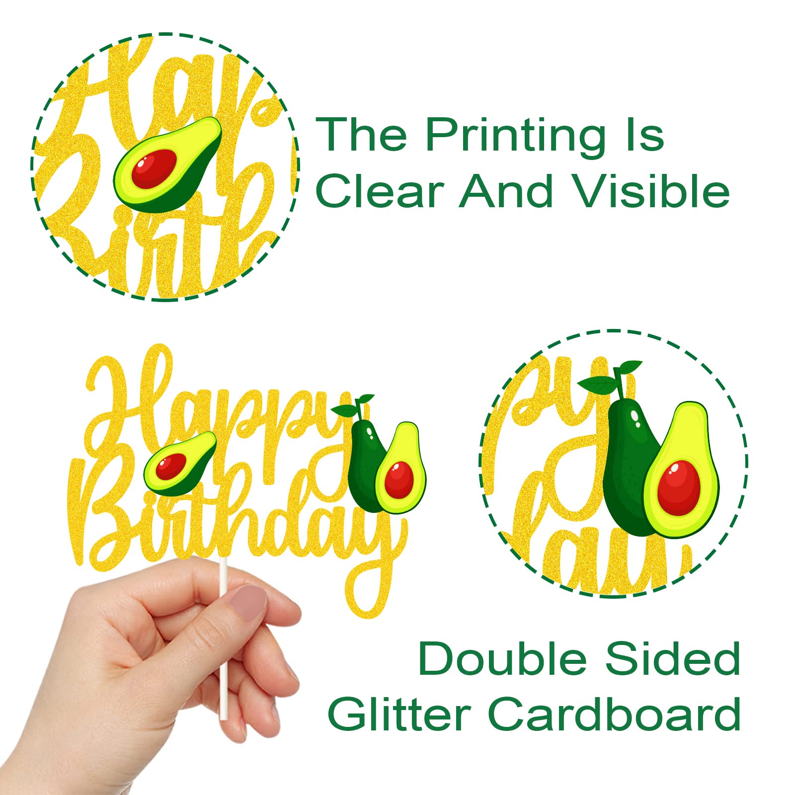Avocado Happy Birthday Cake Topper - Fruit Themed Baby Shower & Party Decorations - Gold Avocado Cake Topper for Birthday Celebrations, Baby Showers, and Fiesta Parties - Perfect for Cake Decorating and Special Occasions