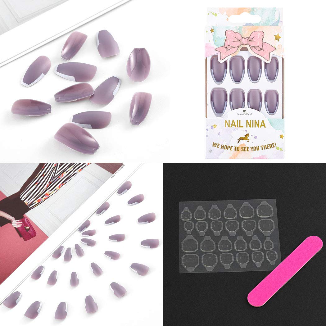 24Pcs Matte Ballerina Long False Nails - Coffin Purple French Tip Acrylic Nail Tips for Women | Full Cover Salon Quality Fake Nails | Perfect for Parties, Weddings & Special Occasions