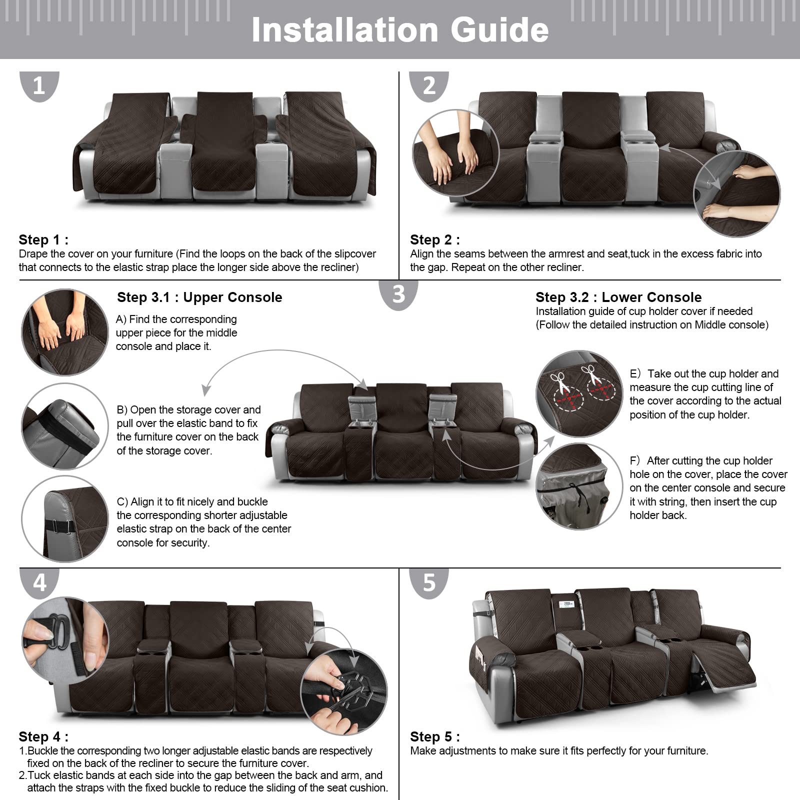 TAOCOCO 100% Waterproof Recliner Sofa Cover with Console - 3 Seat Stretchable Furniture Protector for Pets & Kids | Split Design with Secure Straps | Chocolate Brown | Perfect for Living Room, Family Room & Home Theater Use