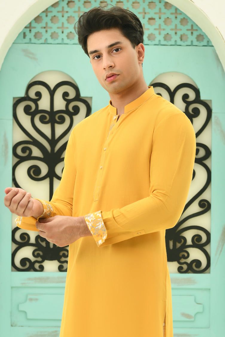 Stylish Cotton Yellow Kurta by J. Junaid Jamshed - Comfortable Ethnic Wear for Men, Perfect for Festivals, Weddings & Casual Outings