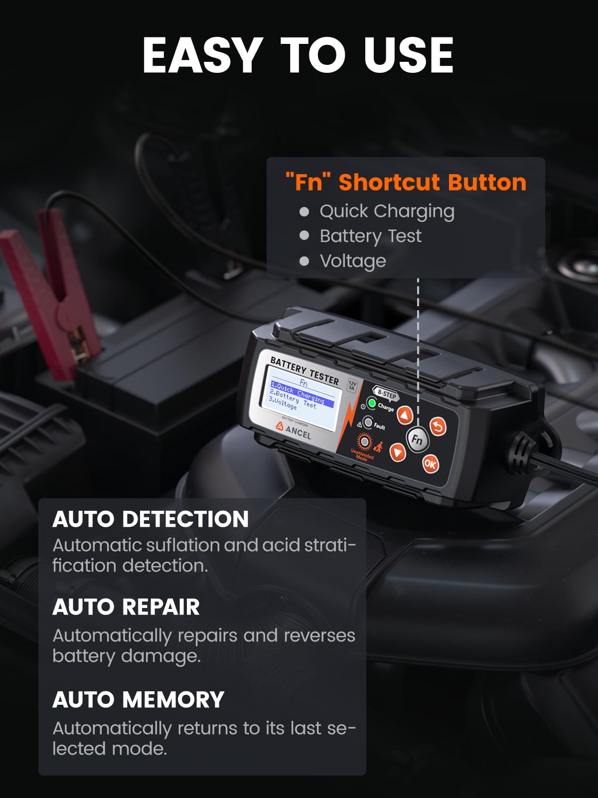 ANCEL BT521 12V Smart Battery Charger & Maintainer - Trickle Charger, Float Charger with Desulfator - Car Battery Tester for Cars, Motorcycles, Trucks, Boats, RVs - Perfect for Winter Storage & Vehicle Maintenance