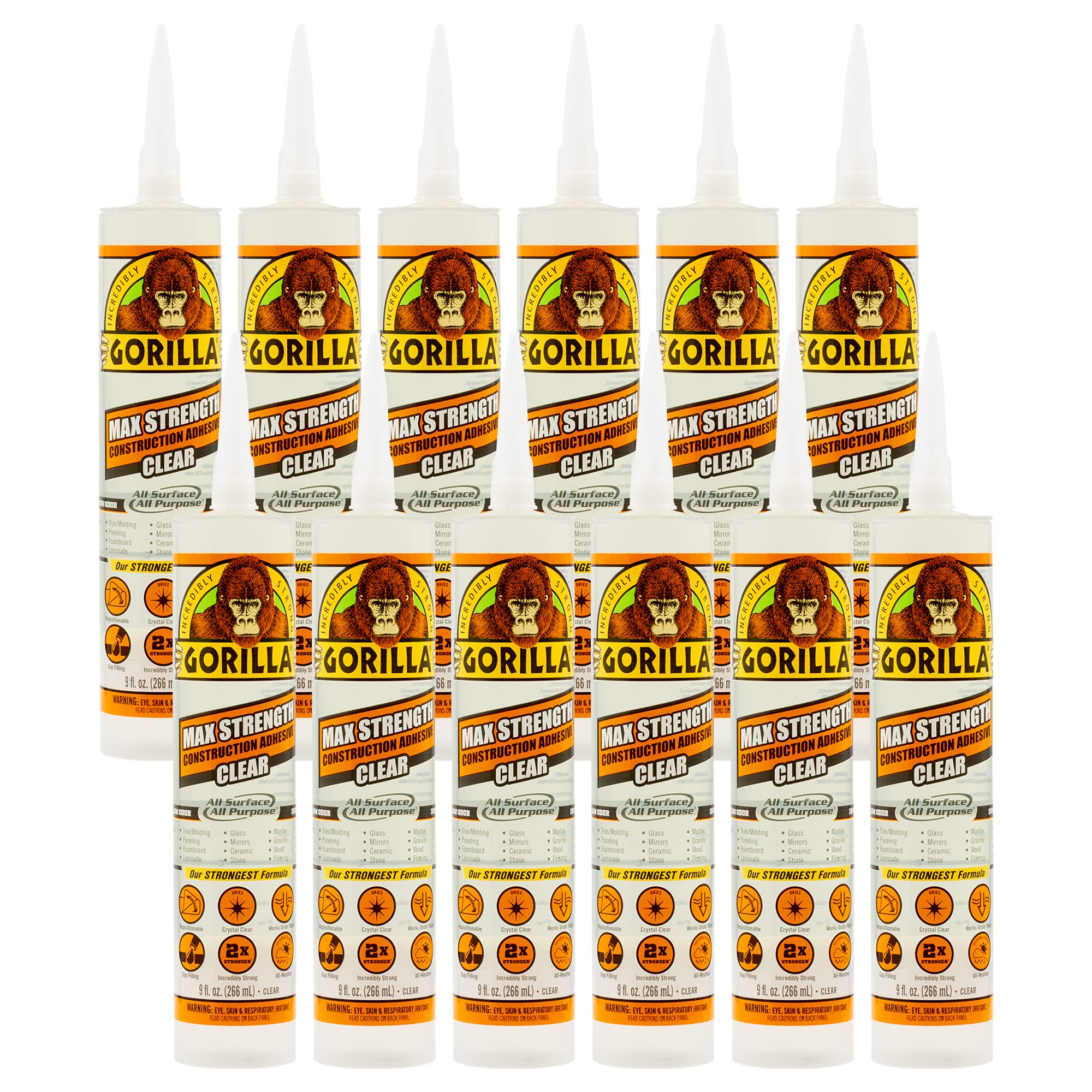 Gorilla Max Strength Clear Construction Adhesive - 9 oz Cartridge (Pack of 12) - Heavy Duty Waterproof Gap Filling Glue for Wood, Metal, Concrete - Perfect for Home Repairs, DIY Projects & Construction Work