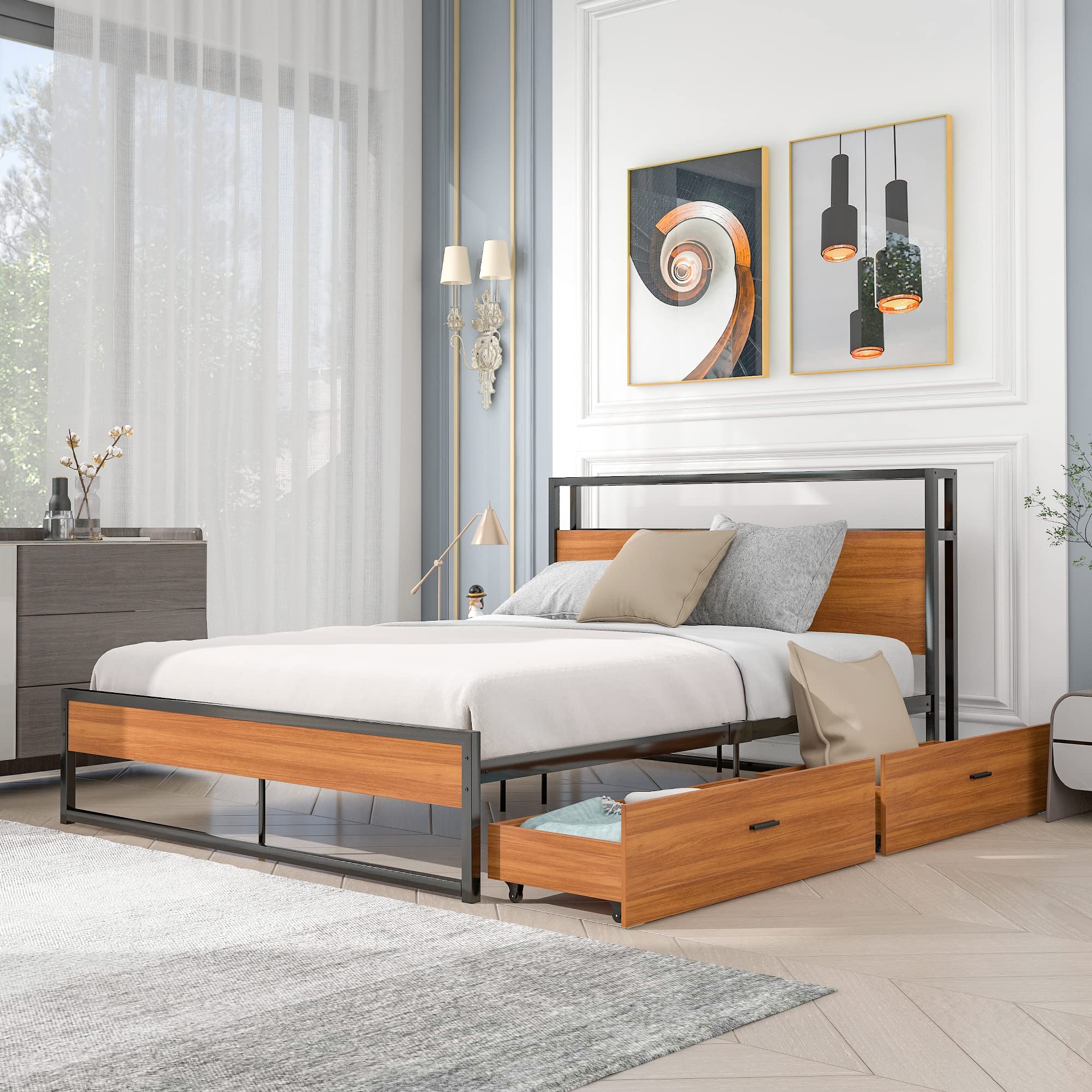 Harper & Bright Designs Queen Size Metal Platform Bed Frame with 2 Drawers, Built-in USB Ports & Power Outlets, Sturdy Steel Slat Support, No Box Spring Required - Perfect for Modern Bedrooms, Guest Rooms & Small Spaces (Brown)