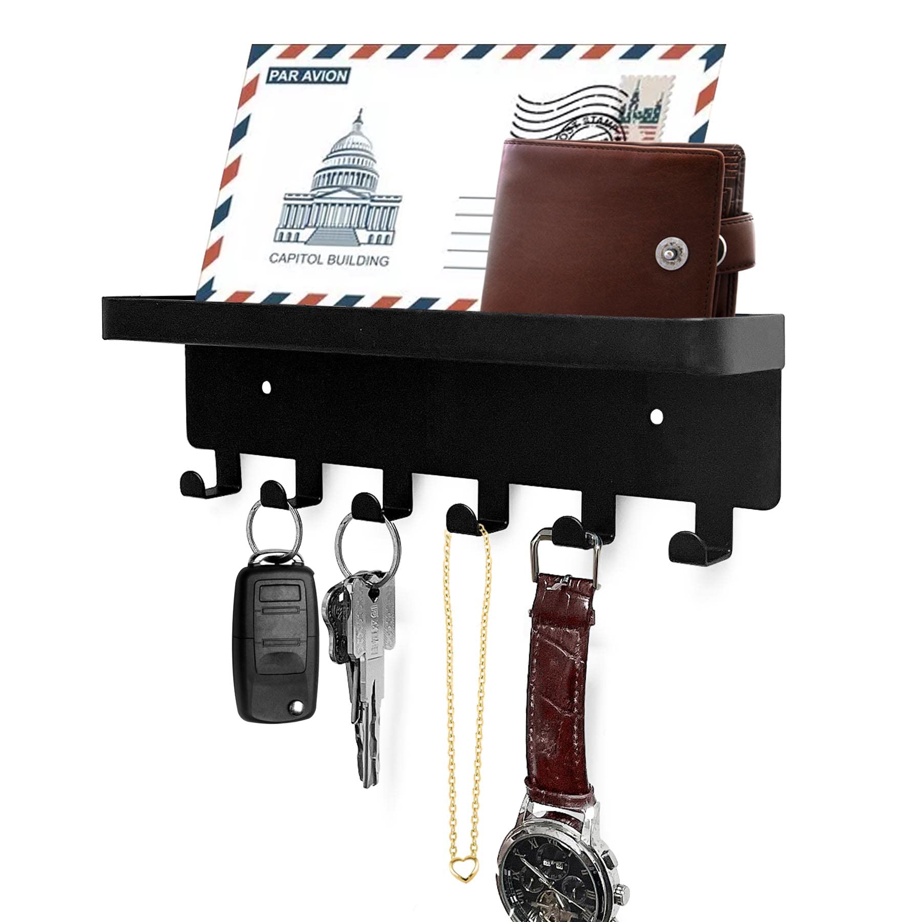 GTK Wall Mount Key Holder with 6 Hooks and Storage Tray - Black Key Organizer for Entryway, Hallway or Mudroom - Perfect for Mail, Keys, and Small Essentials Storage