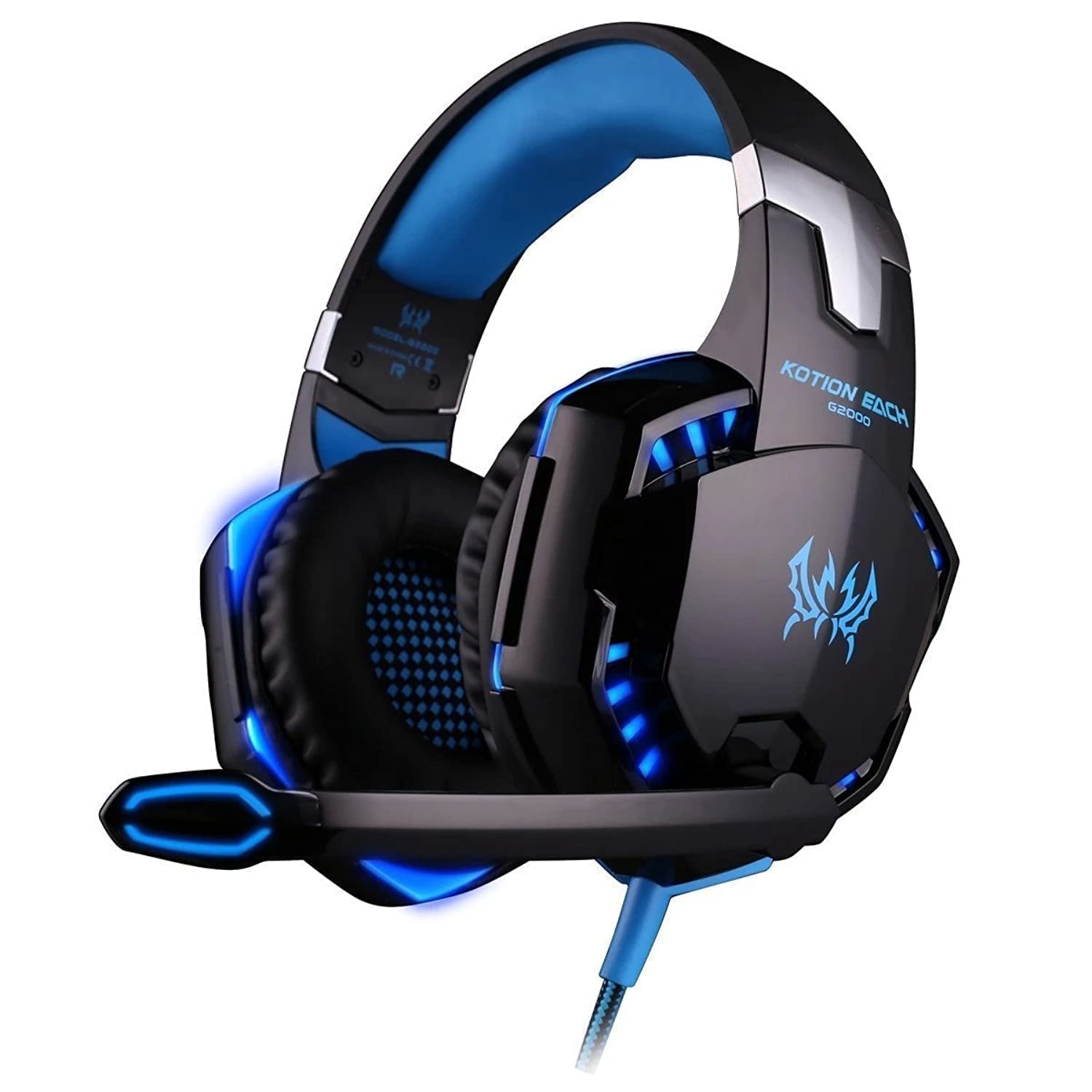 Premium Gaming Headset with Microphone - Over-Ear Noise Cancelling Headphones for PC, PS4, Xbox One, Laptops & Smartphones - LED Light, Volume Control, Stereo Sound (Black & Blue) - Perfect for Online Gaming, Streaming & Work Calls