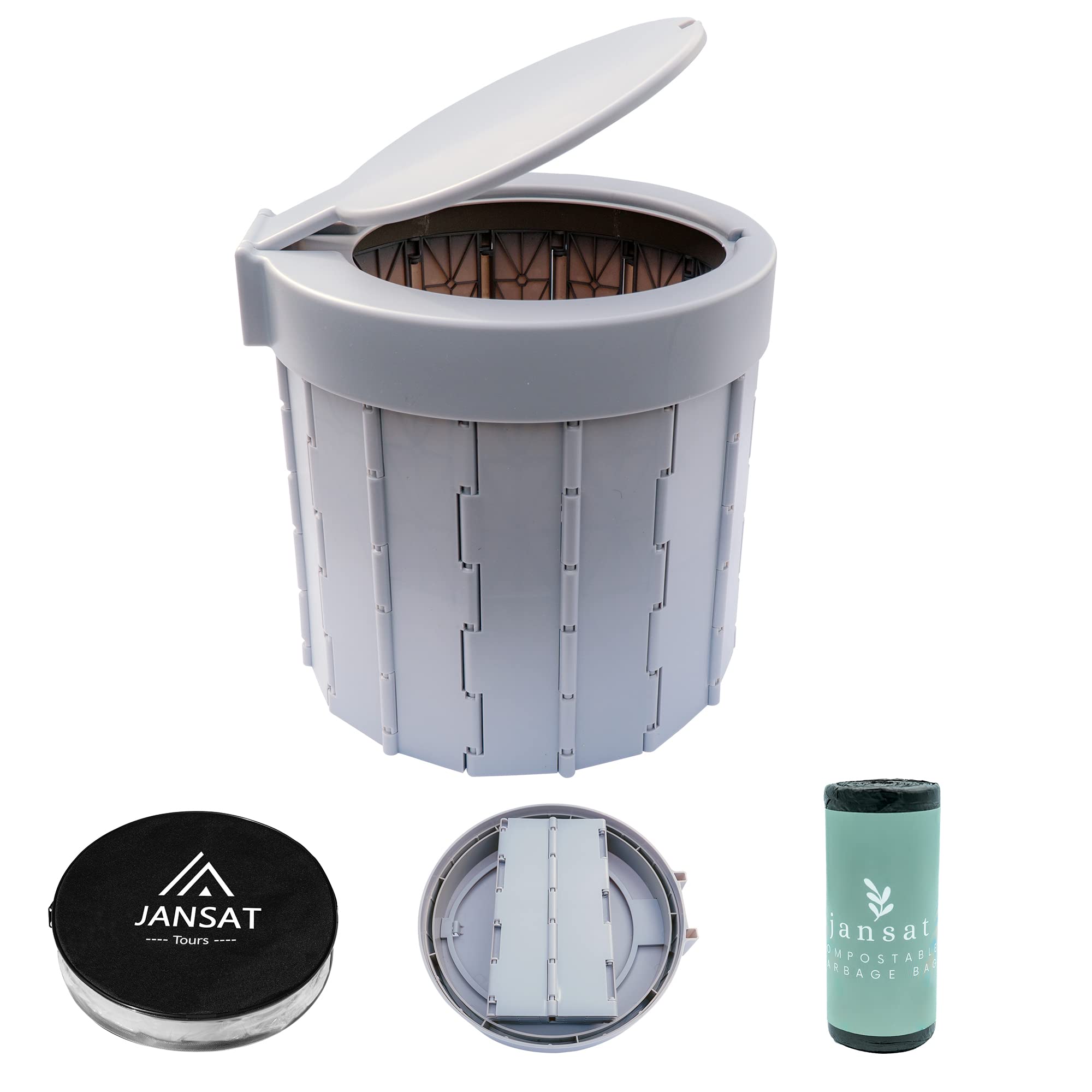 Jansat Portable Camping Toilet with 100% Compostable Trash Bags | Collapsible & Foldable Porta Potty for Outdoor Adventures | Ideal for Camping, Hiking, RV Trips, Emergency Preparedness & Military Field Training | Compact Travel Toilet Solution