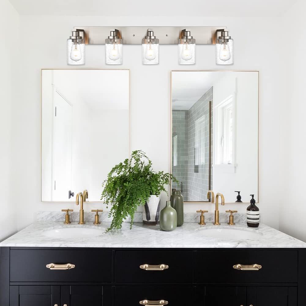 Brushed Nickel Vanity Light Fixture with 5 Seeded Glass Shades - Modern Bathroom Mirror Lighting for Vanity, Kitchen & Living Room - Perfect for Makeup, Shaving & Ambient Decor