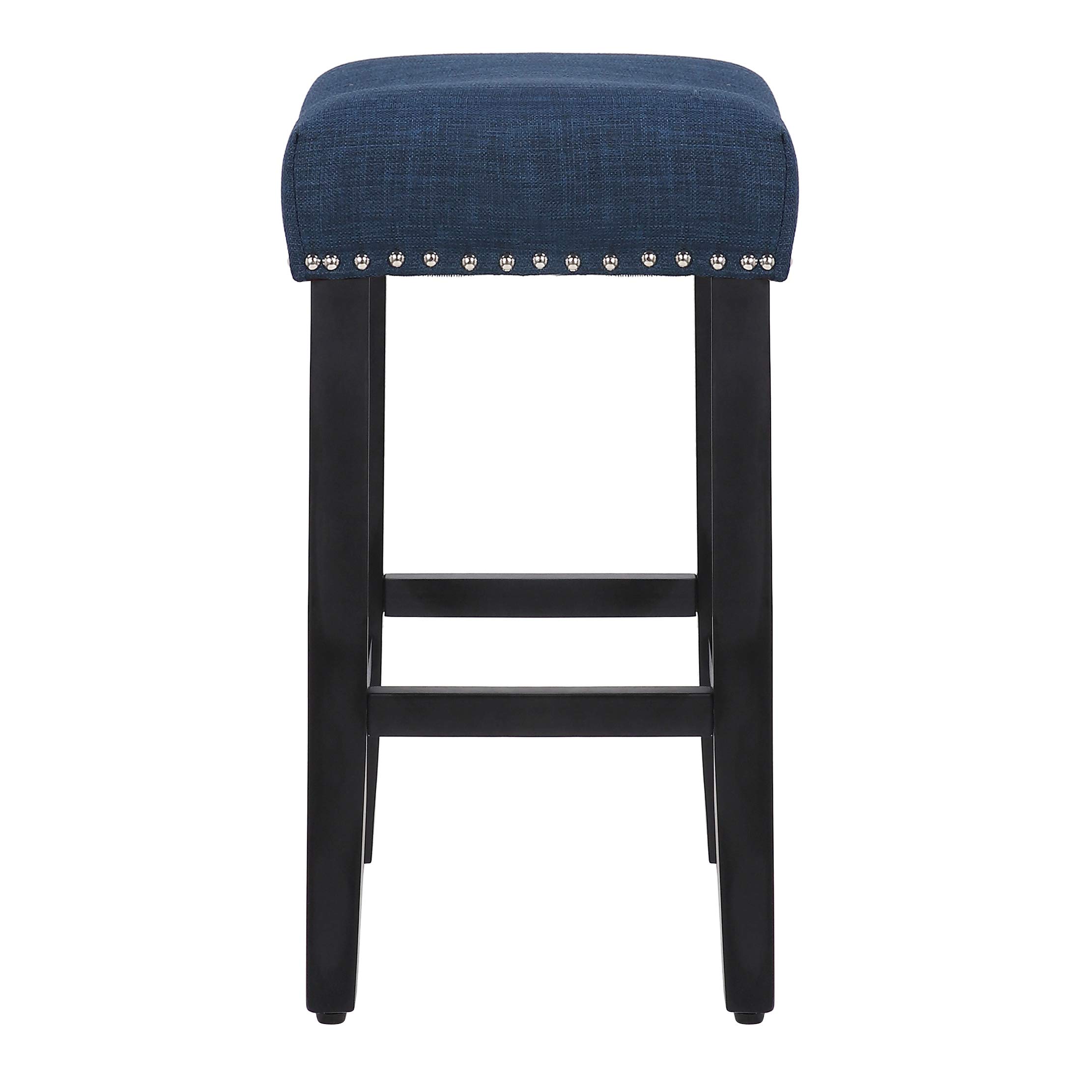 Modern Farmhouse Black Bar Stools Set of 2 - 24 Inch Counter Height Wooden Saddle Stools with Linen Upholstered Cushion & Solid Wood Legs - Navy Blue Kitchen Bar Stools for Home, Restaurant, or Cafe Decor