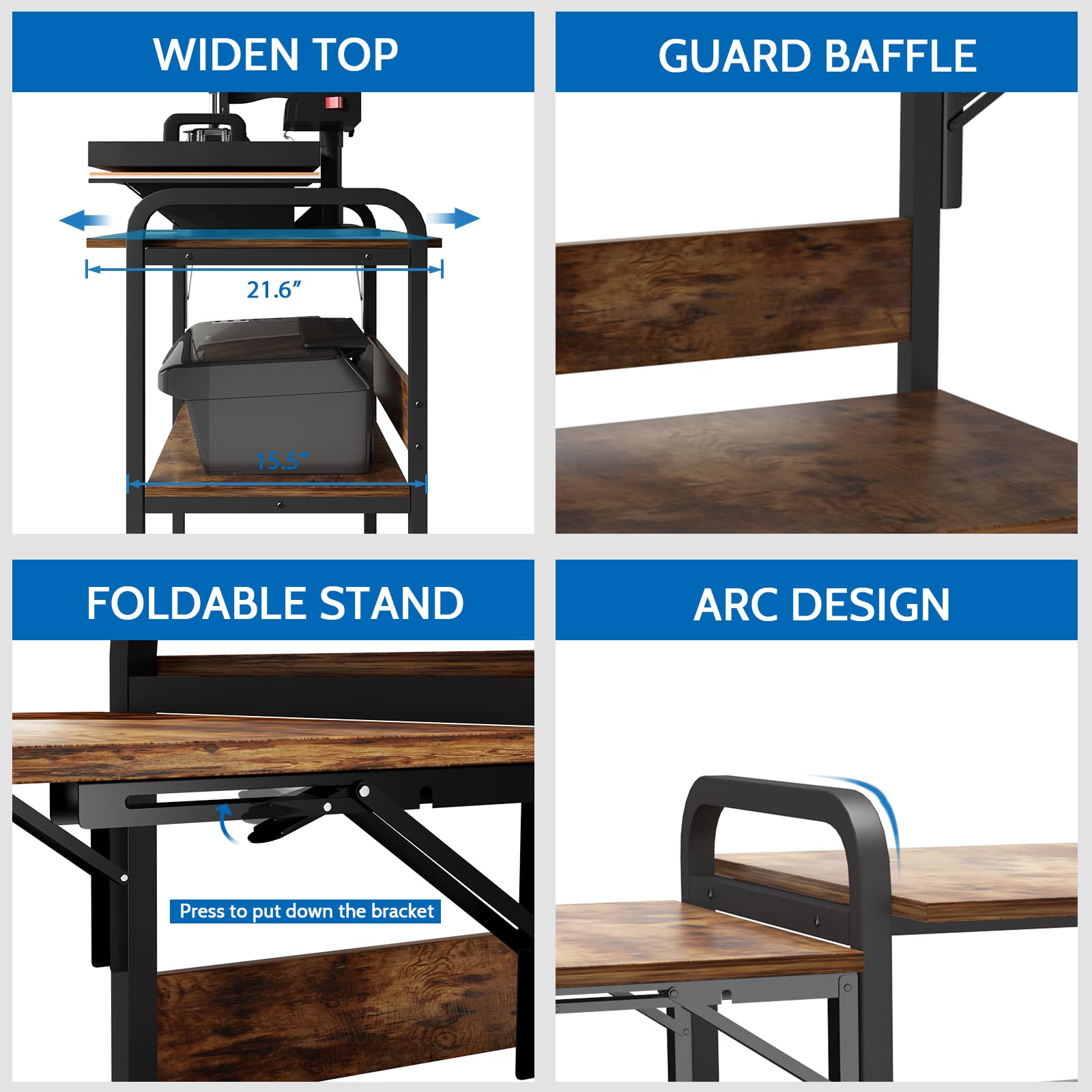 PUNCIA 3-Tier Heavy Duty Rolling Heat Press Table - Foldable Heat Transfer Machine Stand with Metal Shelves for Sublimation Printing | Portable Workbench for T-Shirt, Mug & DIY Crafts | Home & Workshop Organization Storage Solution