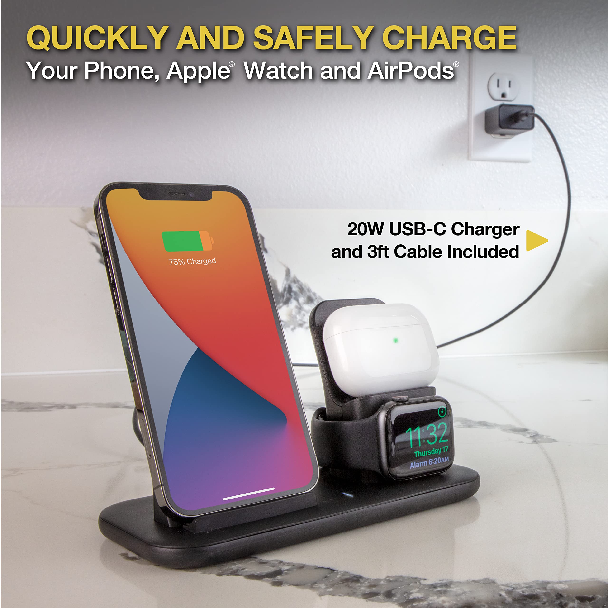 Scosche CSQ3N1-SP Qi-Certified Wireless Charging Dock - Compatible with iPhone, Samsung, AirPods & Smartwatches - Fast Wireless Charger for Home, Office & Car - Black