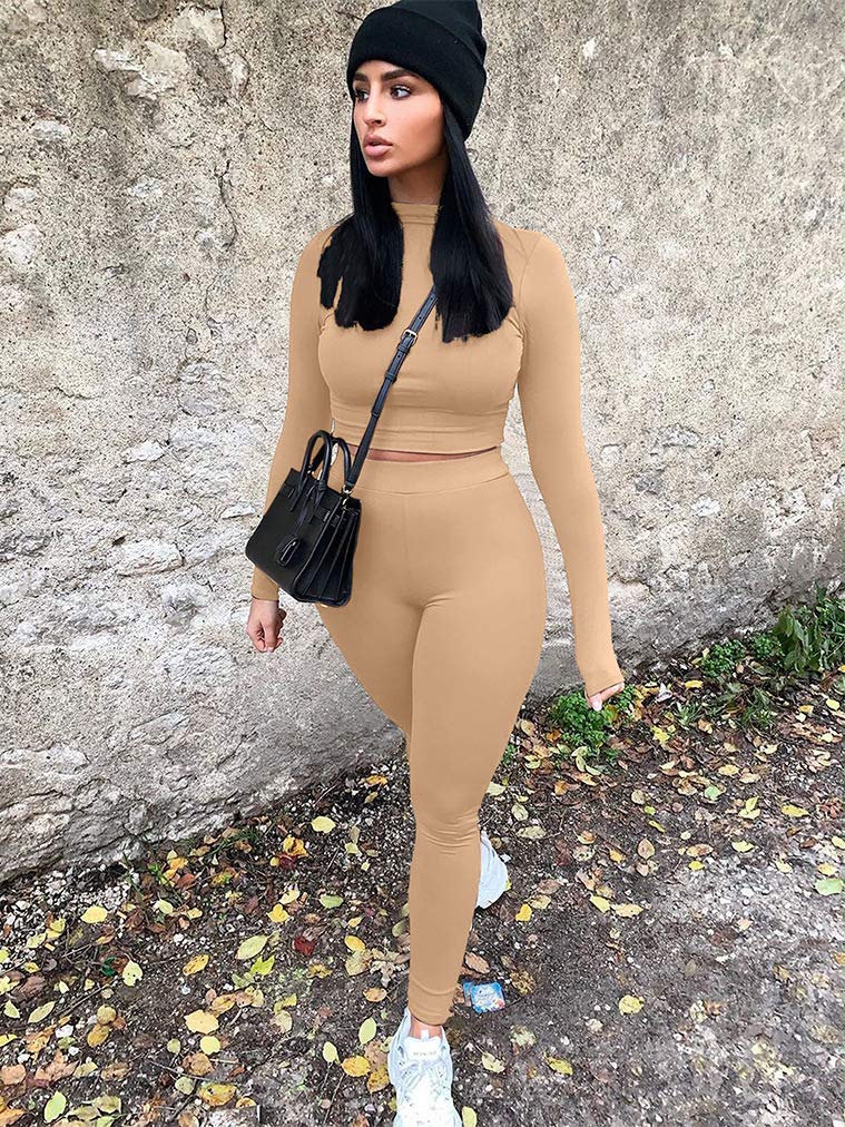 GOKATOSAU Women's 2 Piece Outfits - Sexy Long Sleeve Crop Top & High Waist Pants Set, Clubwear Jumpsuit for Night Out, Party, Date Night & Casual Wear