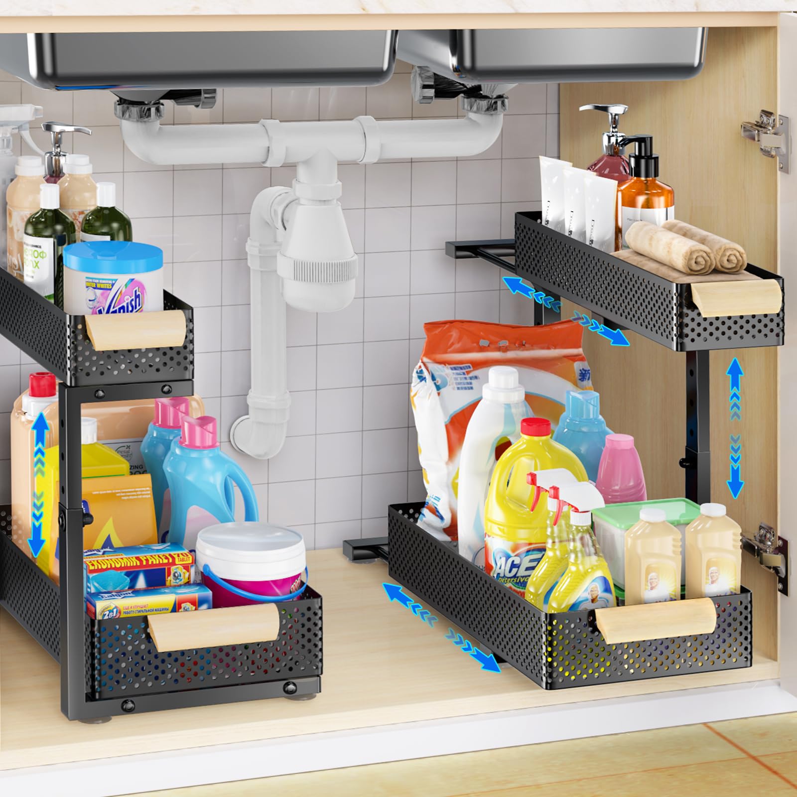 2-Pack Under Sink Organizers - 5 Height Adjustable Kitchen Cabinet Storage with 2-Tier Pull-Out Drawer Shelves | Durable Metal Slide Tray Organizer for Kitchen & Bathroom | Perfect for Maximizing Cabinet Space & Organizing Cleaning Supplies