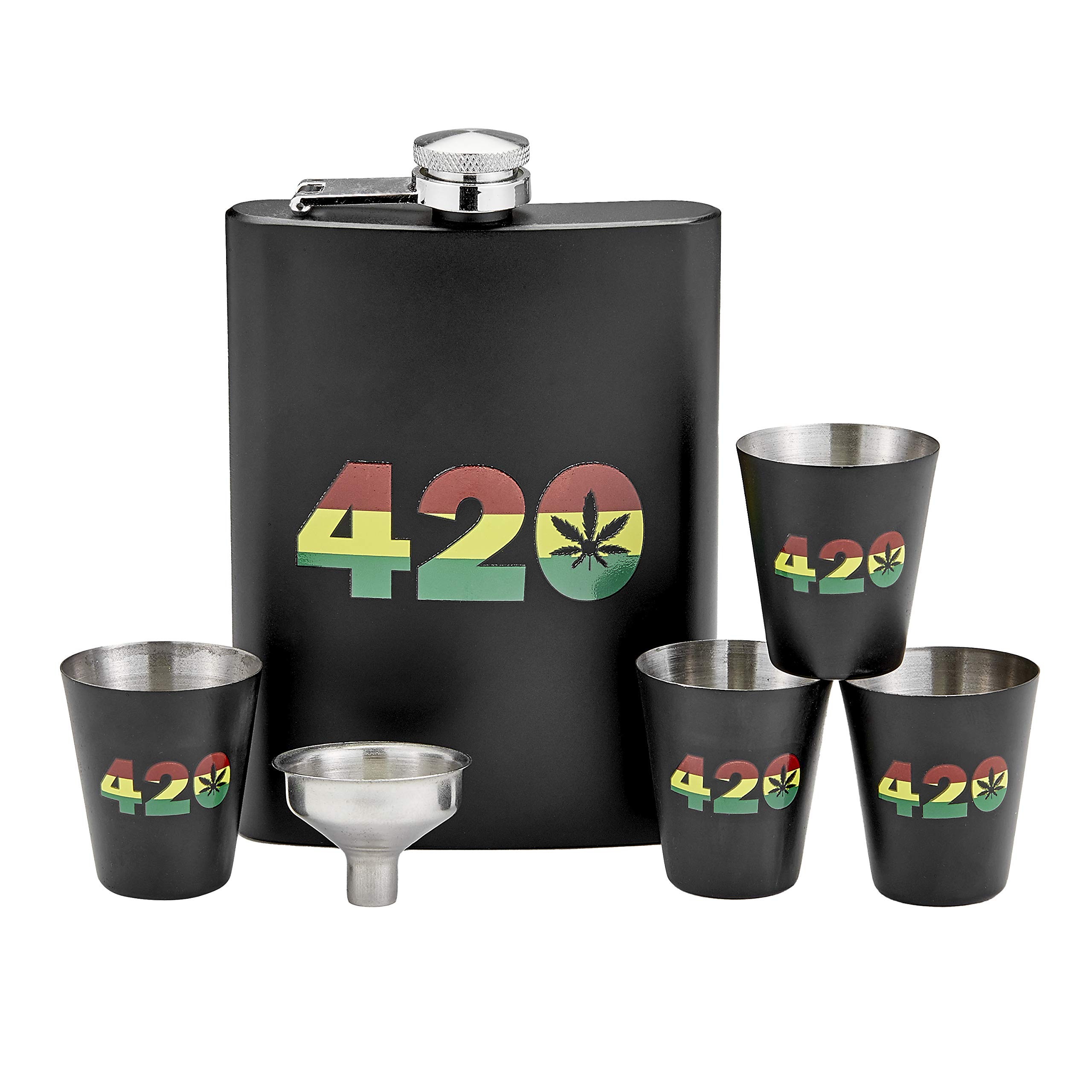 FASHIONCRAFT 420 Rasta Flask Set with 4 Shot Glasses & Funnel - 12oz Stainless Steel Travel Liquor Container - Perfect for Parties, Gifts & St. Patrick's Day Celebrations - Great for Bars, Tailgating & Festivals