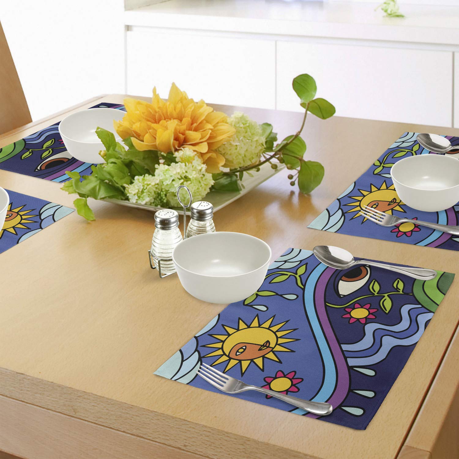 Ambesonne Abstract Place Mats Set of 4 - Nature Inspired Sun, Sky & Floral Design - Eco-Friendly Washable Fabric Placemats for Dining Table & Kitchen Decor - Perfect for Dinner Parties, Holiday Meals & Everyday Use
