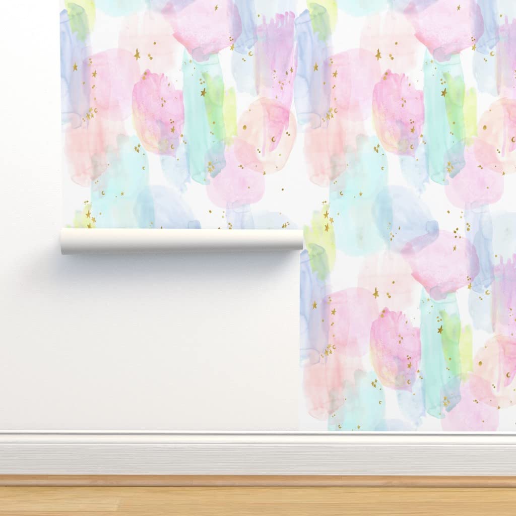 Peel & Stick Removable Wallpaper - 9ft x 2ft Rainbow Watercolor Stars Design in Gold, Cotton Candy & Pastel Colors | Unicorn & Custom Patterns by Spoonflower | Perfect for Kids' Rooms, Nurseries & DIY Home Decor