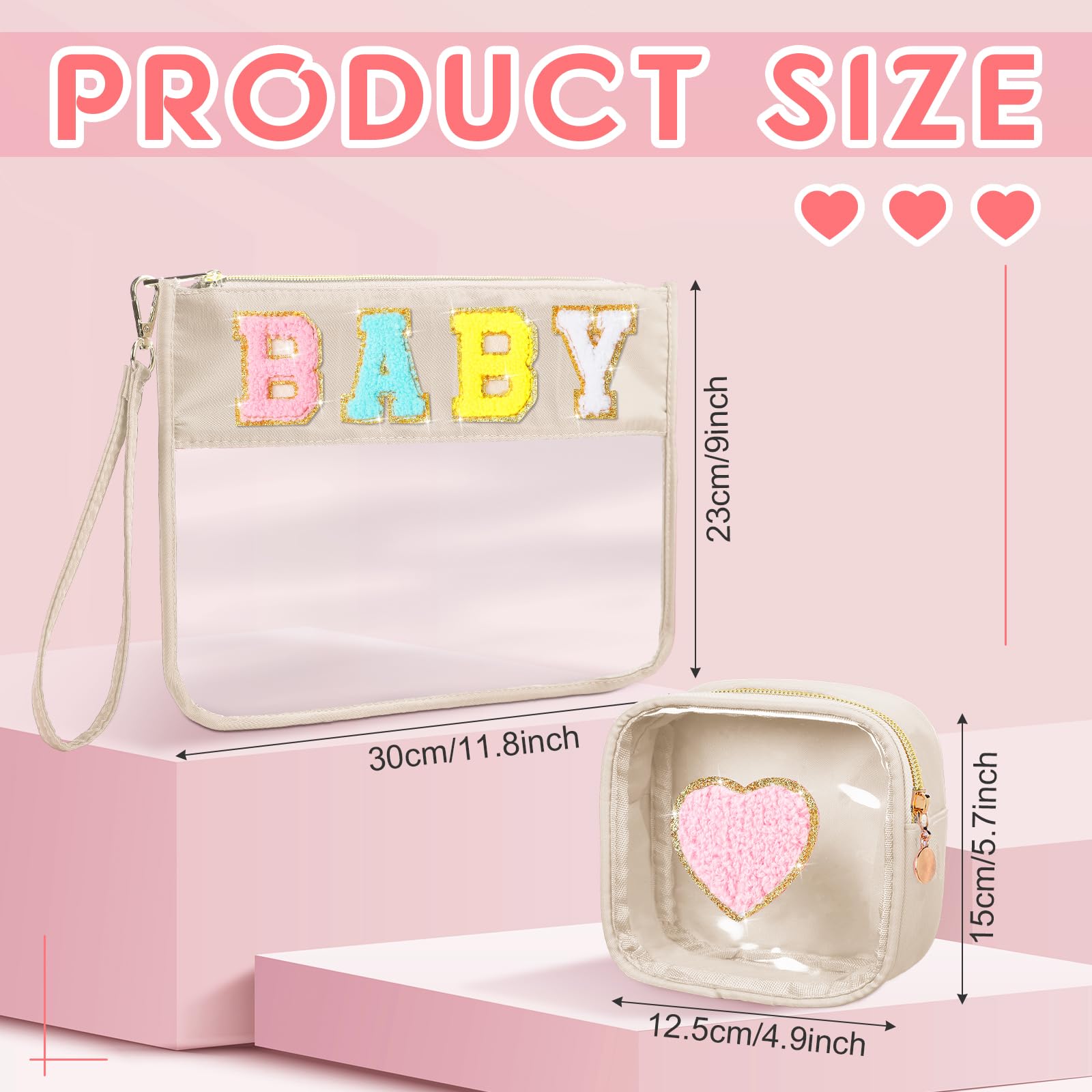 Hillban 2-Piece Baby Travel Bag Set - Soft Chenille Letter Cosmetic Makeup Bags, Waterproof Toiletry Storage Organizer for Women & Moms (Baby Theme) - Perfect for Diaper Essentials, Baby Showers & On-the-Go Parenting
