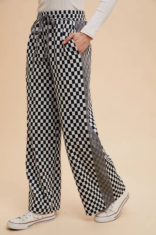 Annie Wear Women's Drawstring Checkered Wide Leg Pants - Casual Lounge Pants for Home, Office & Travel