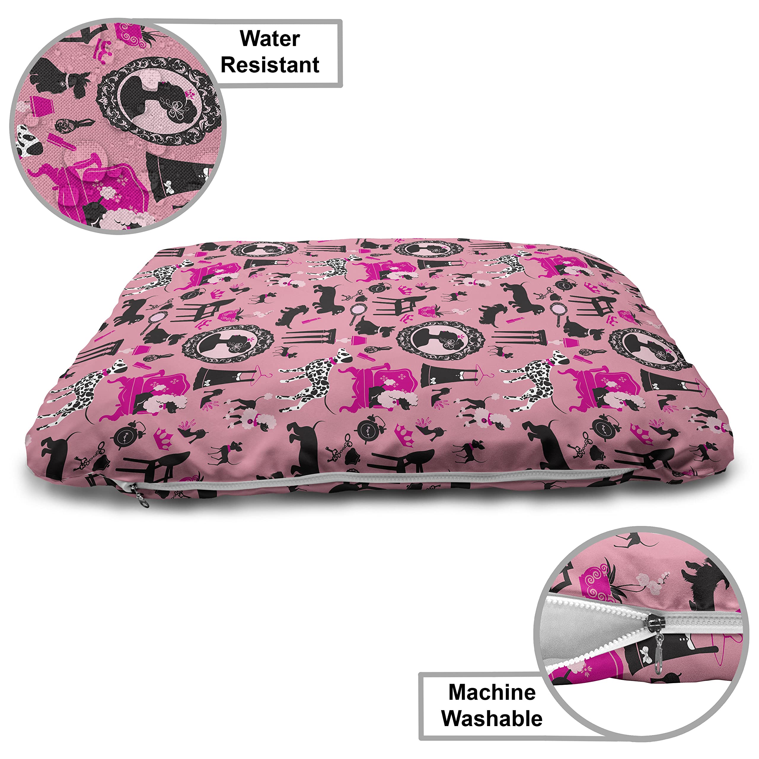Lunarable Feminine Wooden Dog House - Girly Glamour Pattern Pet Furniture with Portrait & Dogs, Portable Indoor/Outdoor Dog Kennel with Pillow & Cover, X-Large Pastel Pink - Perfect for Small to Medium Dogs in Backyards, Patios or Living Rooms