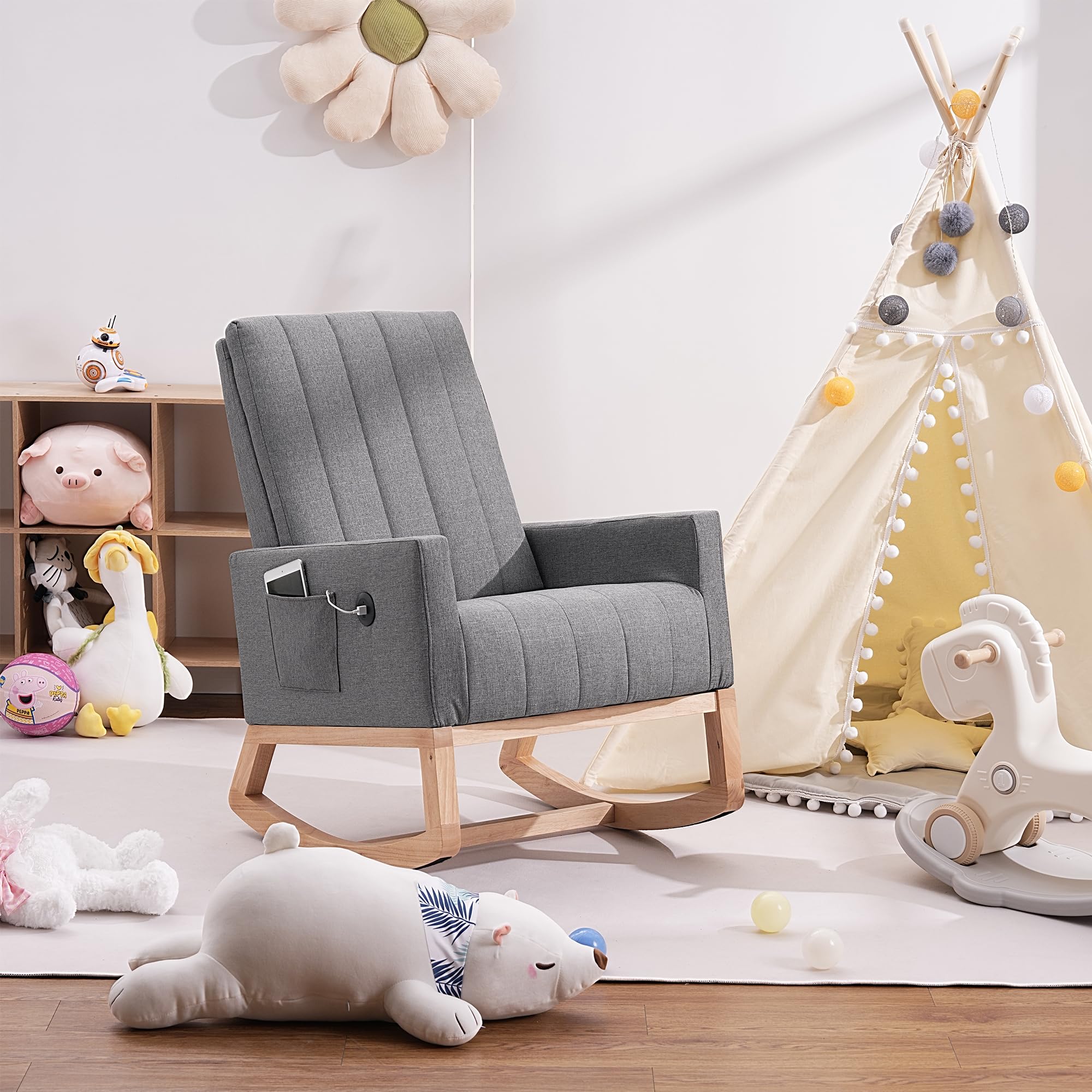 VECELO Modern Upholstered Nursery Rocking Chair with Padded Seat, High Backrest, USB Port & Side Pocket - Comfortable Glider Rocker for Living Room, Bedroom, Nursery, Office & Balcony Relaxation