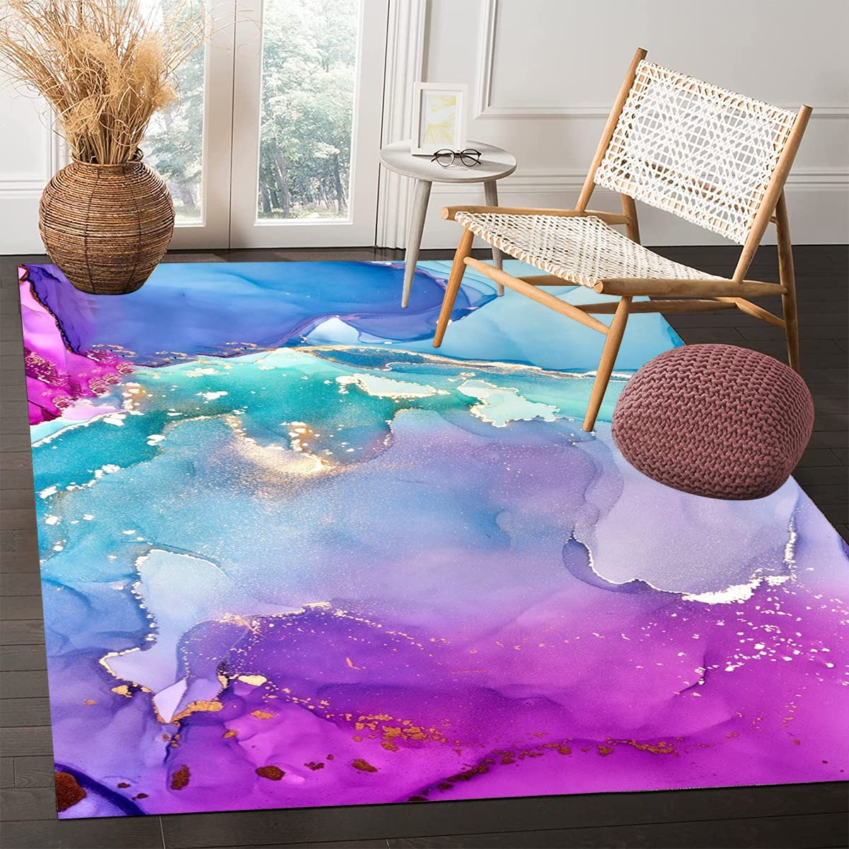 Modern Abstract Purple Turquoise Marble Area Rug - Soft Washable Large 6x8 Boho Chic Carpet for Living Room, Bedroom, Dining Room, Girls Room, Home Office - Perfect for Farmhouse Decor & Aesthetic Spaces